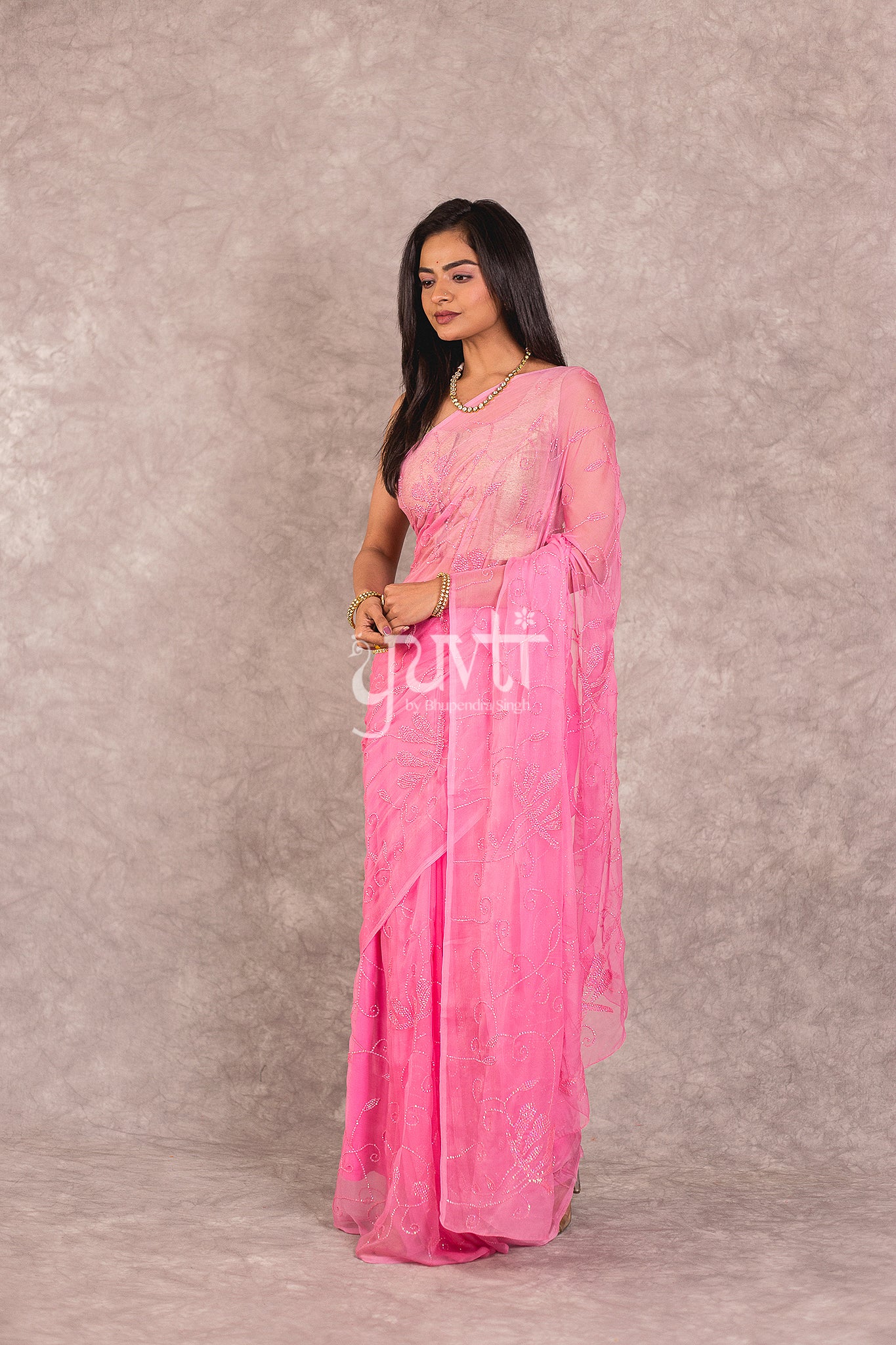 Pink Viscose Chiffon Resham Sequins Work Saree