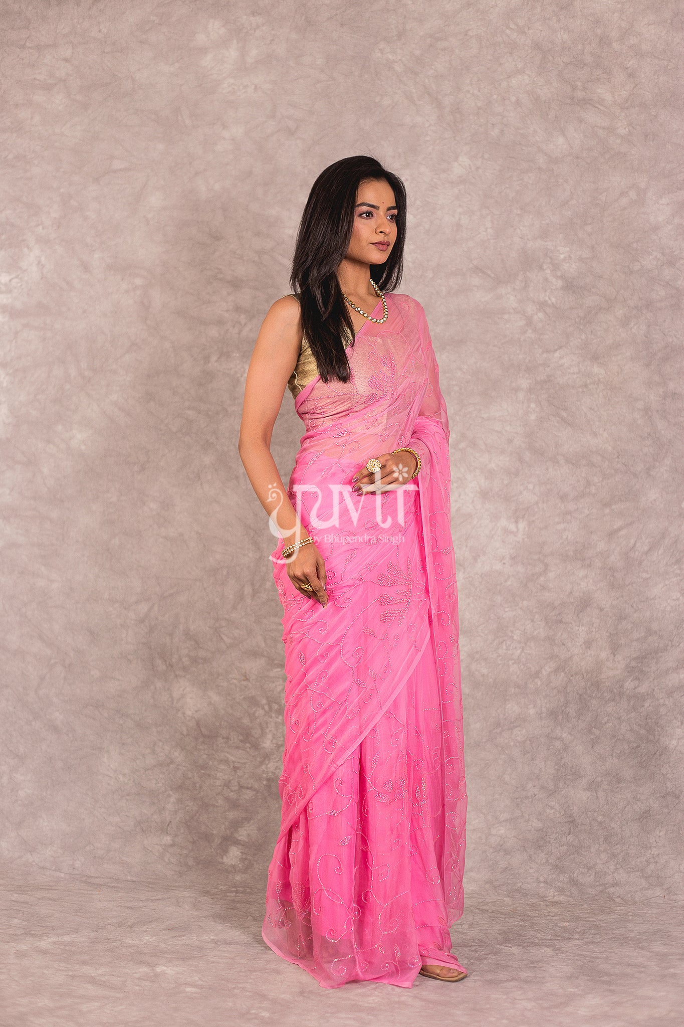 Pink Viscose Chiffon Resham Sequins Work Saree