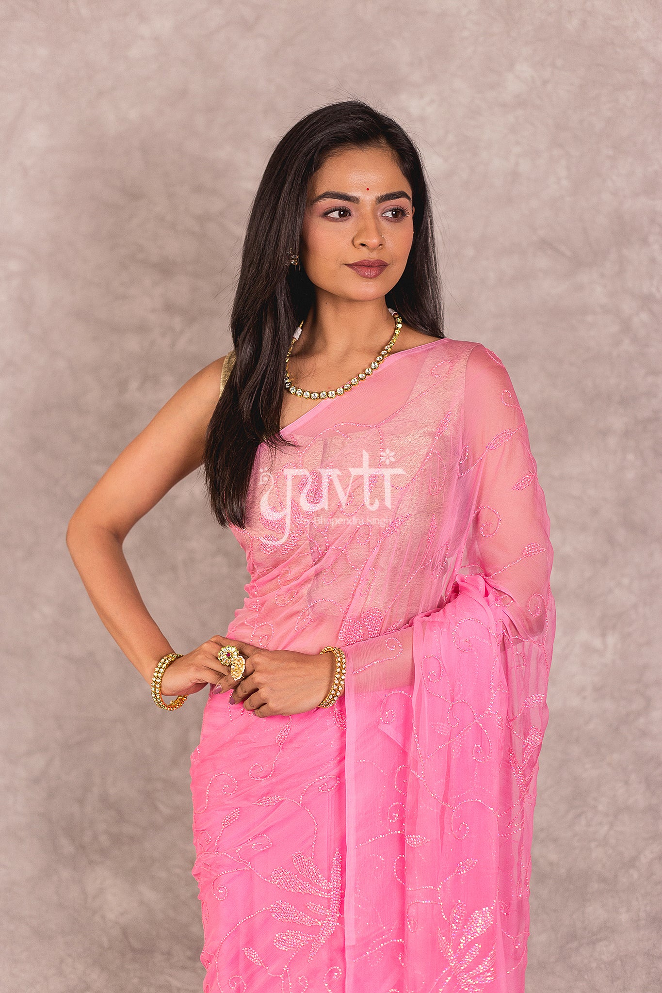 Pink Viscose Chiffon Resham Sequins Work Saree