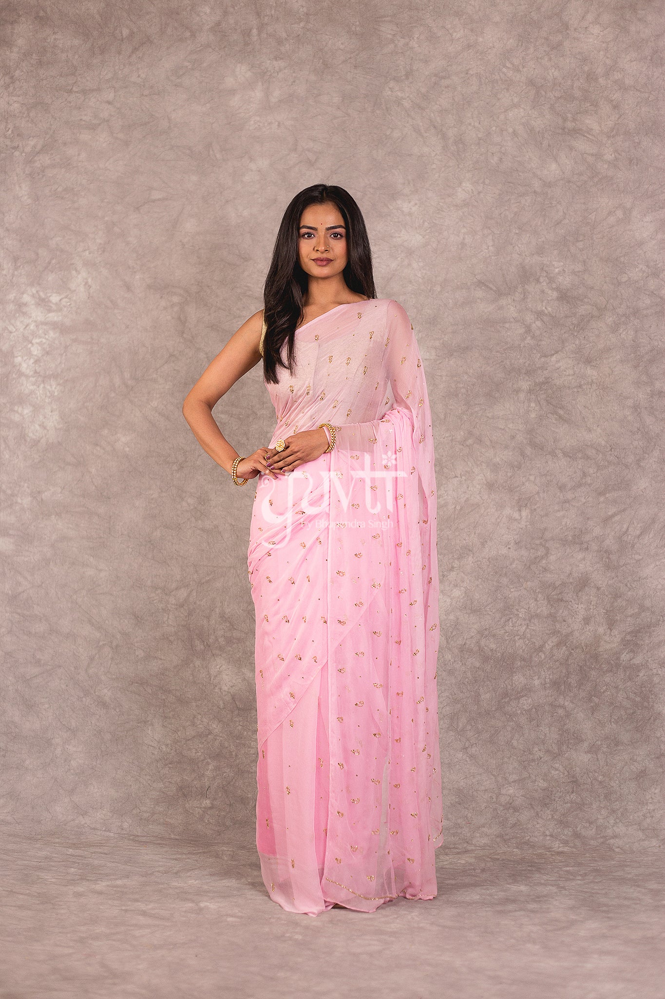 Pink Viscose Chiffon Kardhana Kundan Work Saree