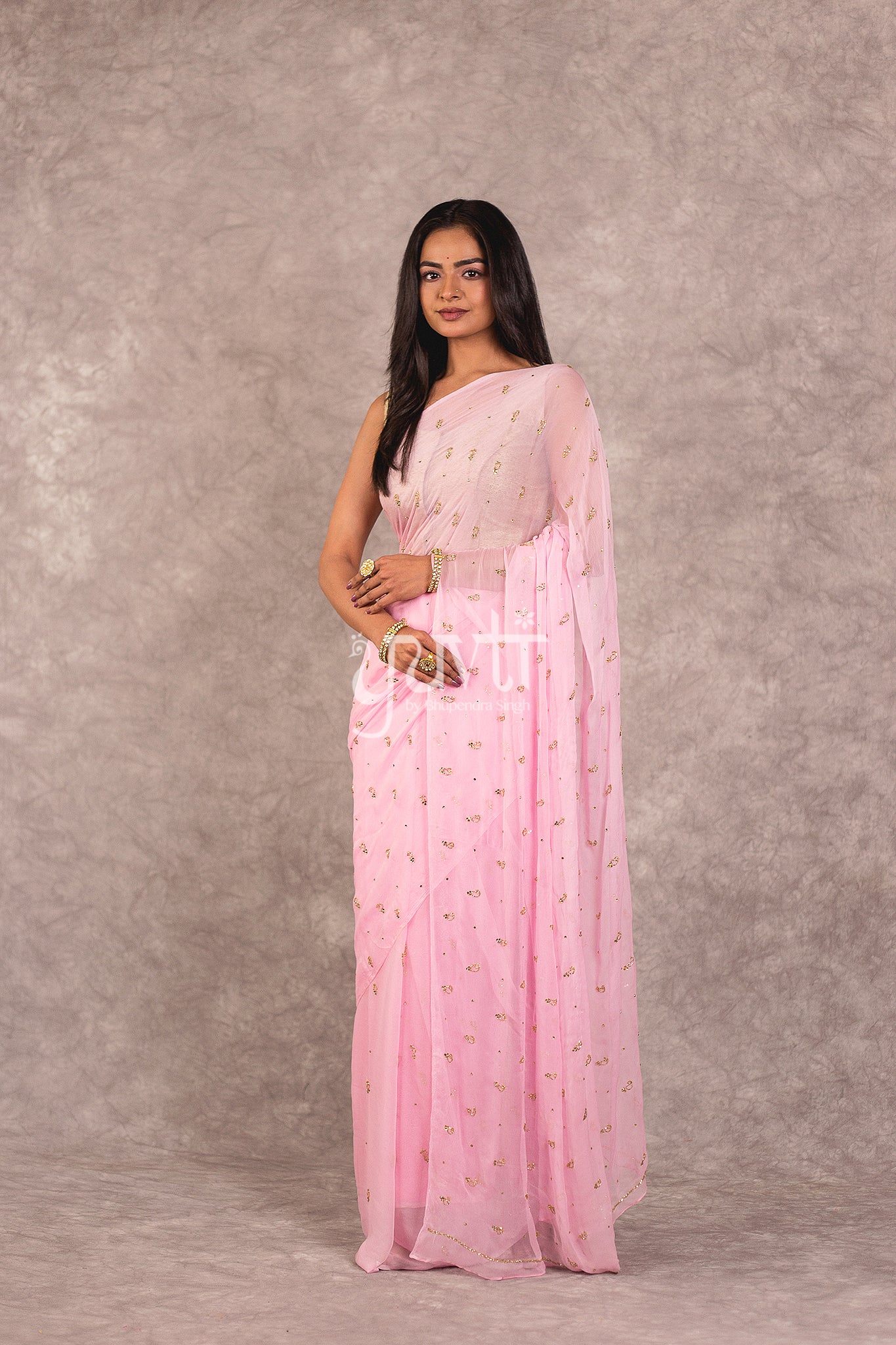 Pink Viscose Chiffon Kardhana Kundan Work Saree