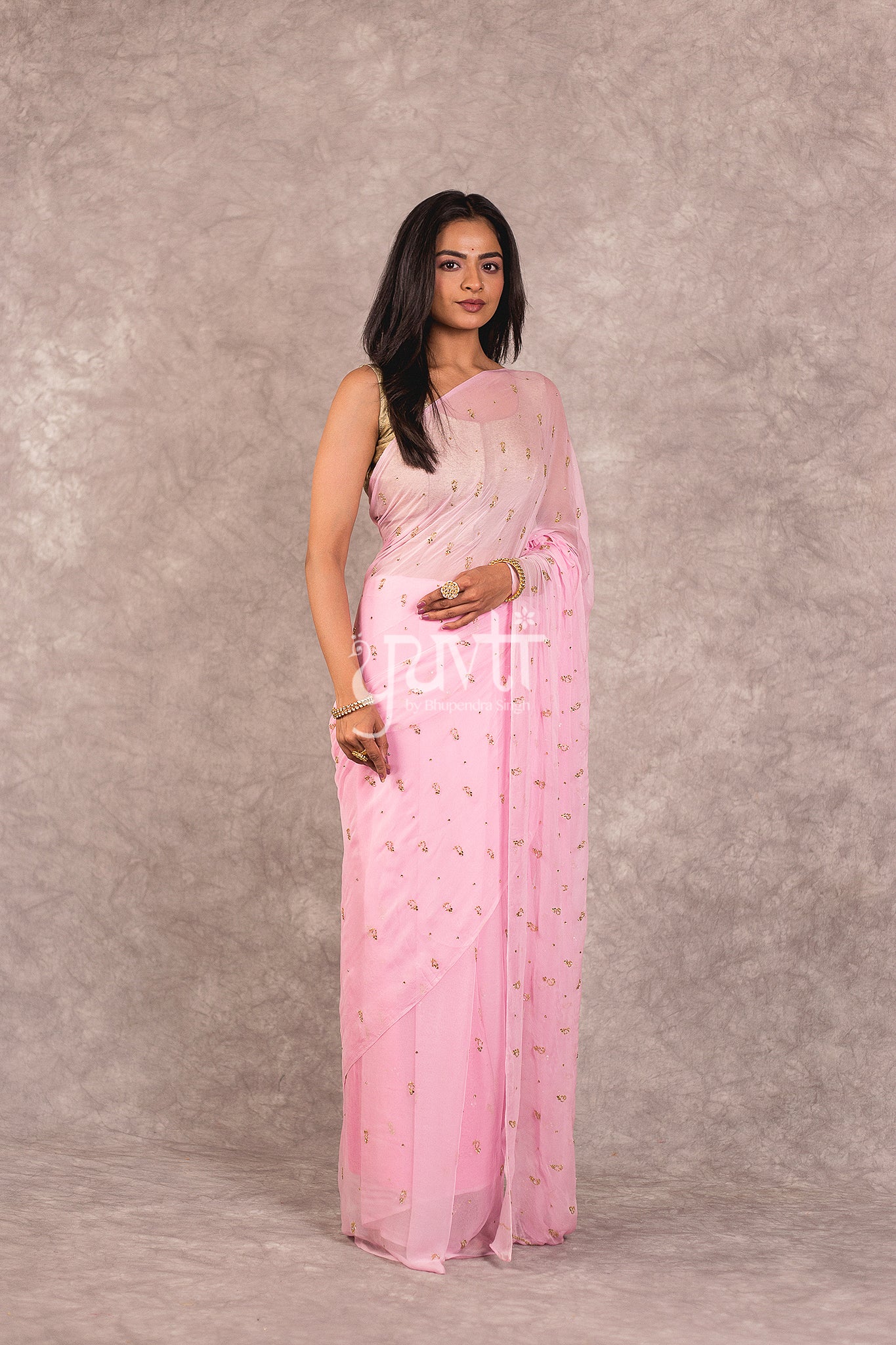 Pink Viscose Chiffon Kardhana Kundan Work Saree