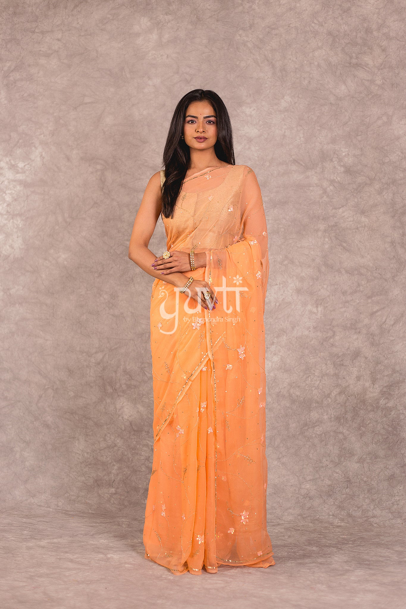 Peach Viscose Chiffon Aari Sequins Jaal Work Saree