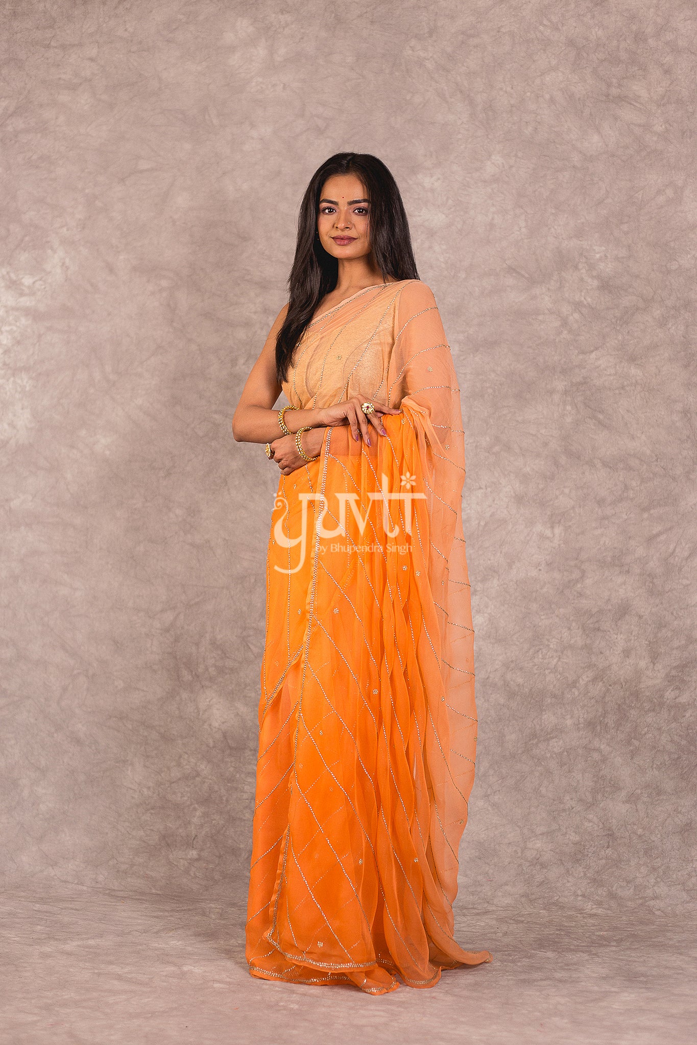 Orange Viscose Chiffon Katori Work Saree