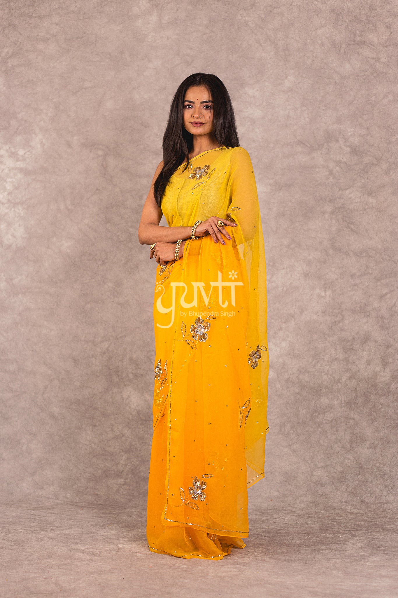 Yellow Viscose Chiffon Aari Sequins Work Saree