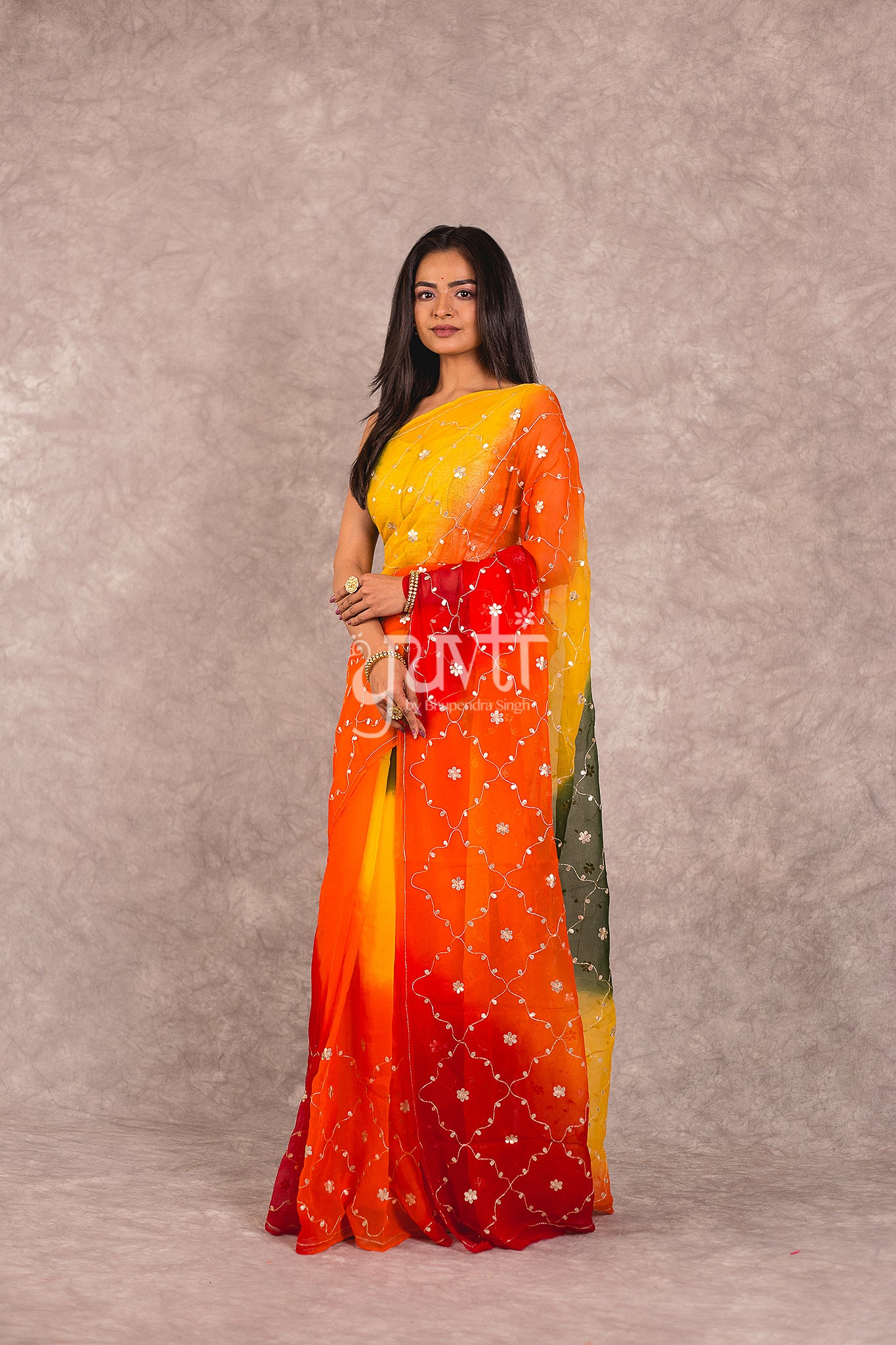Multi Colour Shaded Gota patti Work Saree