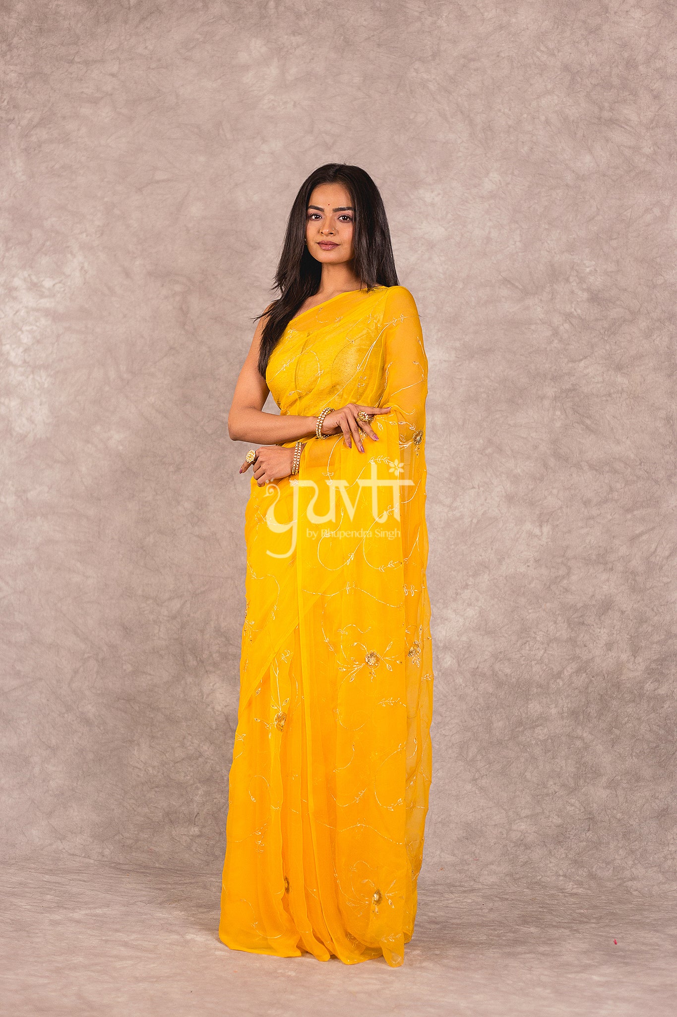 Yellow Viscose Chiffon Aari Sequins Work Saree