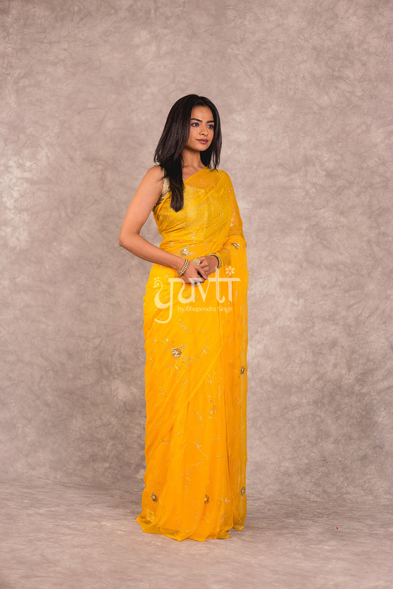 Yellow Viscose Chiffon Aari Sequins Work Saree