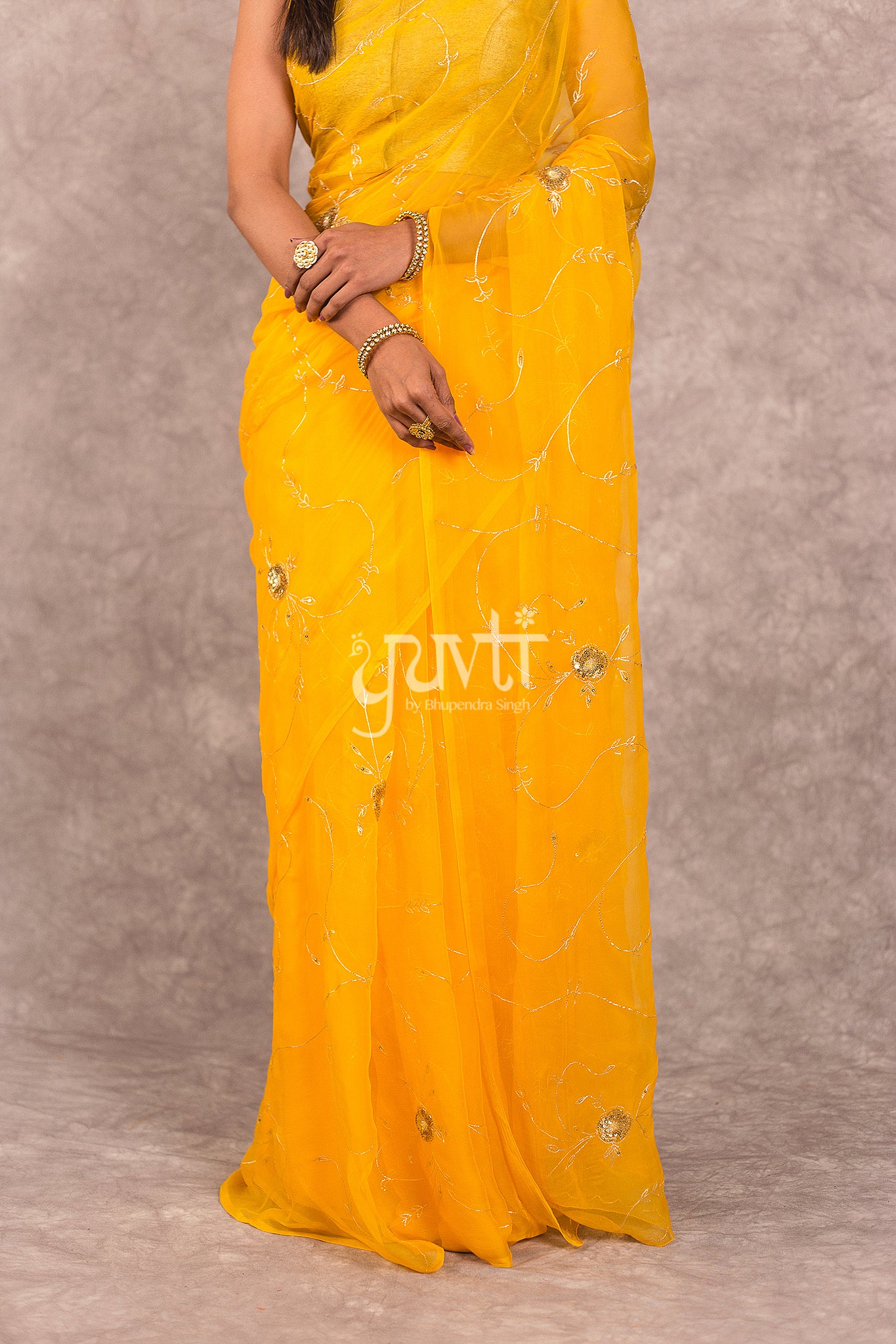Yellow Viscose Chiffon Aari Sequins Work Saree