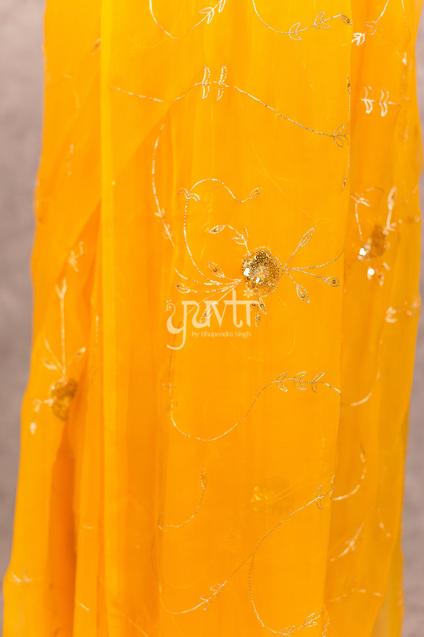 Yellow Viscose Chiffon Aari Sequins Work Saree