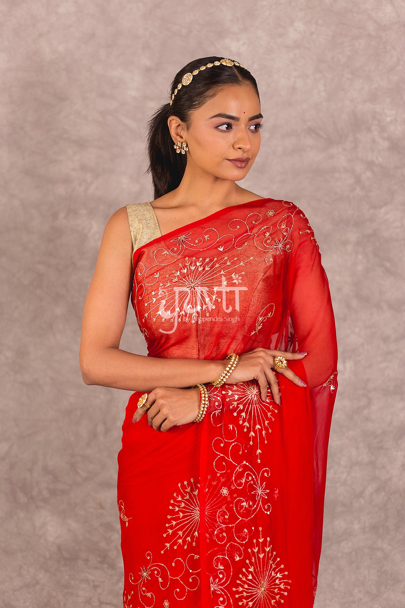 Red Viscose Chiffon Aari Resham Work Saree