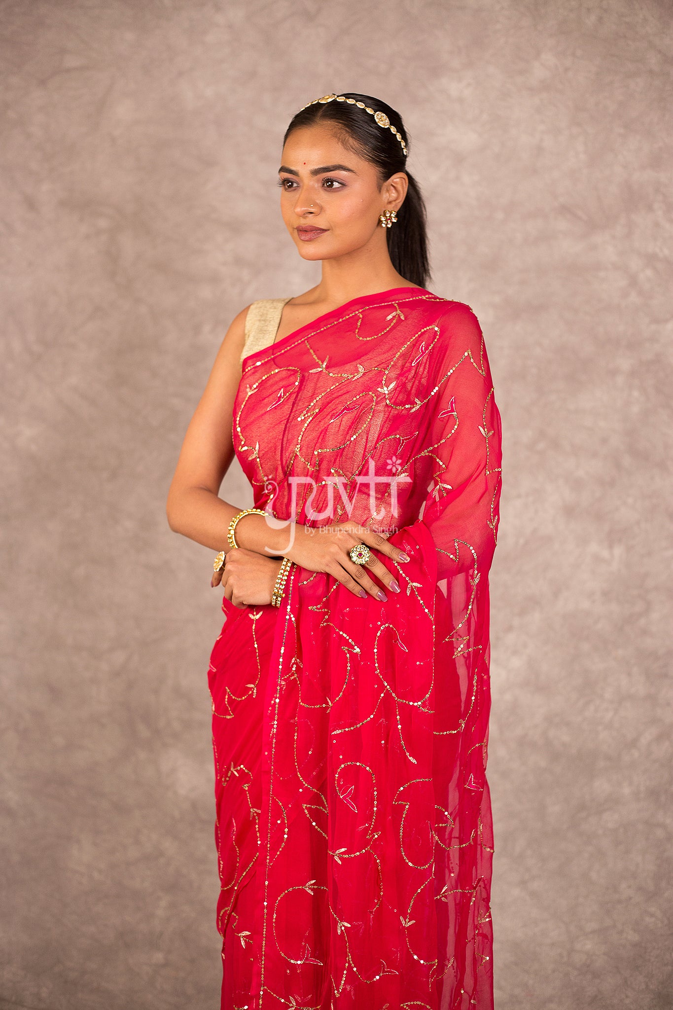 Dark Pink Viscose Chiffon Aari Sequins Work Saree