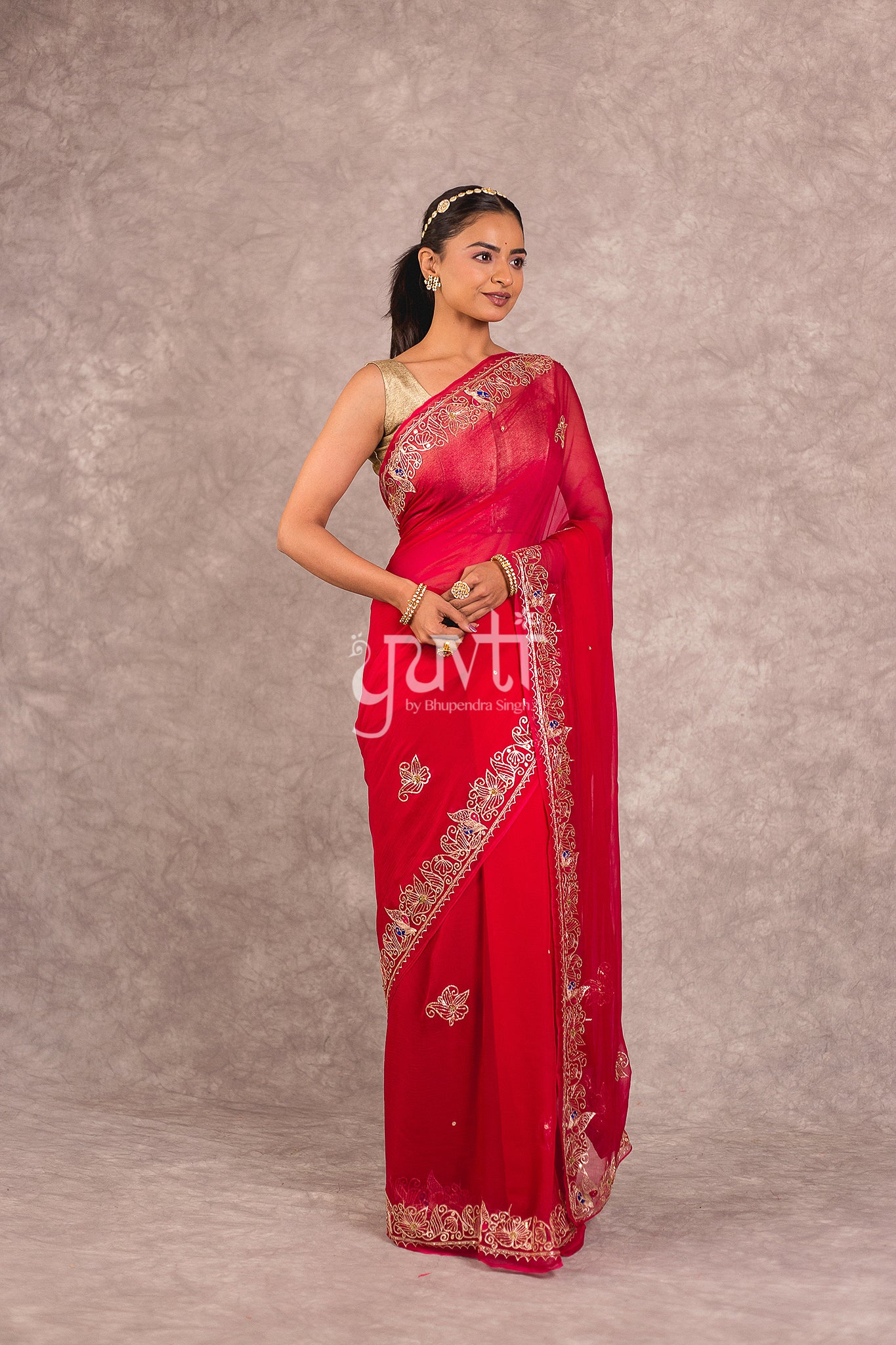 Red Viscose Chiffon Aari Sequins Work Saree