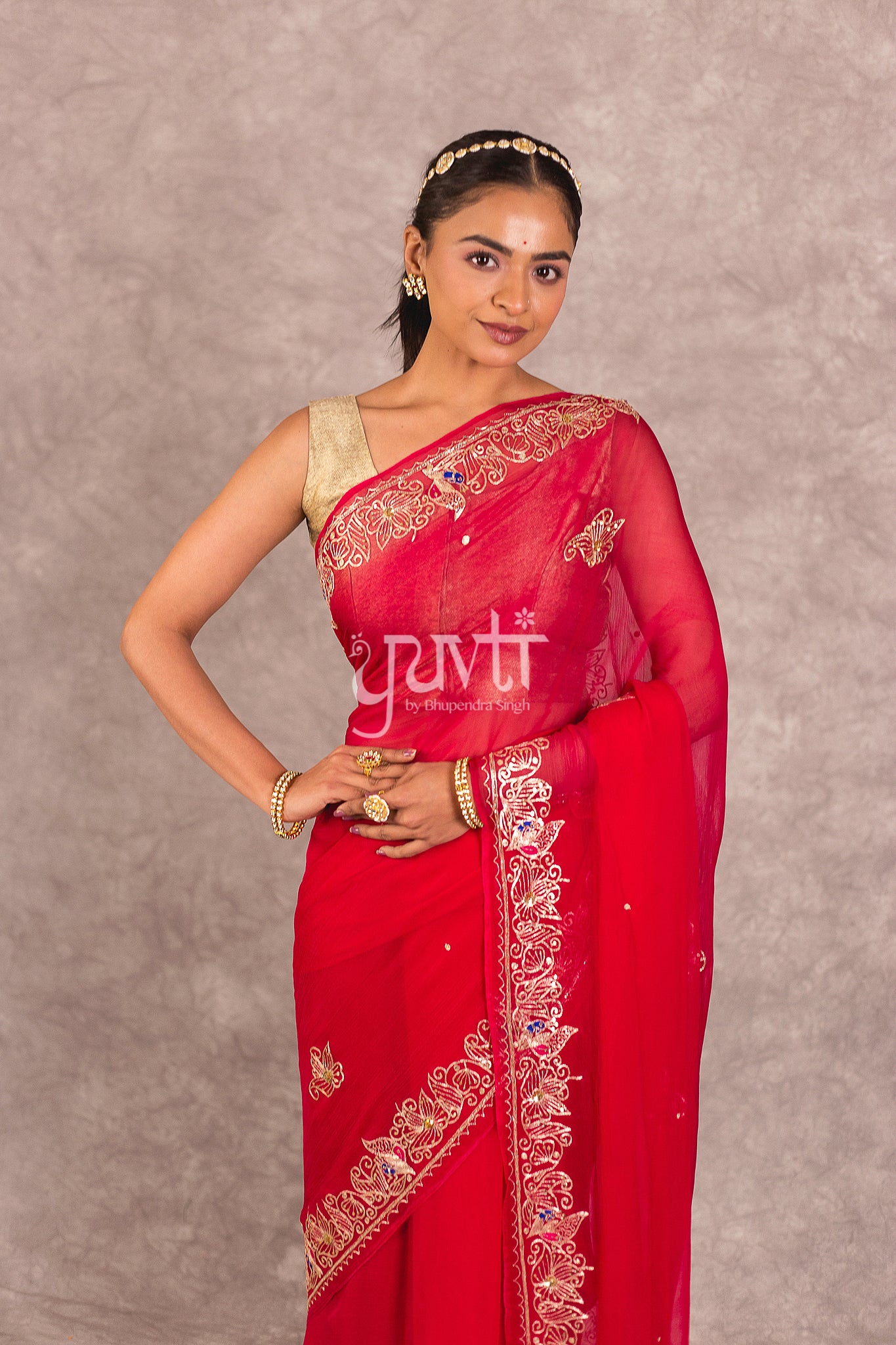 Red Viscose Chiffon Aari Sequins Work Saree