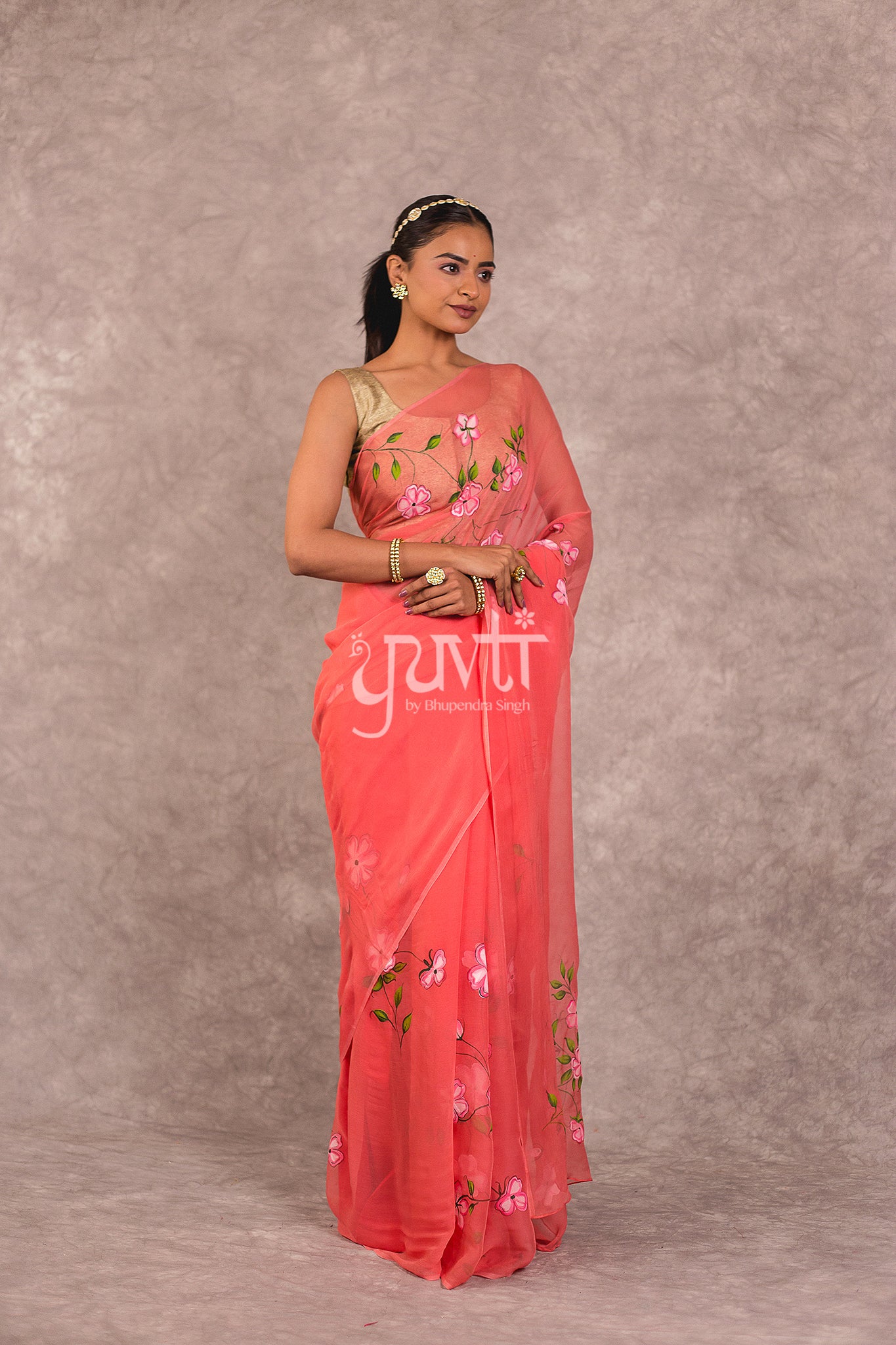 Peach Viscose Chiffon Hand Paint Work Saree