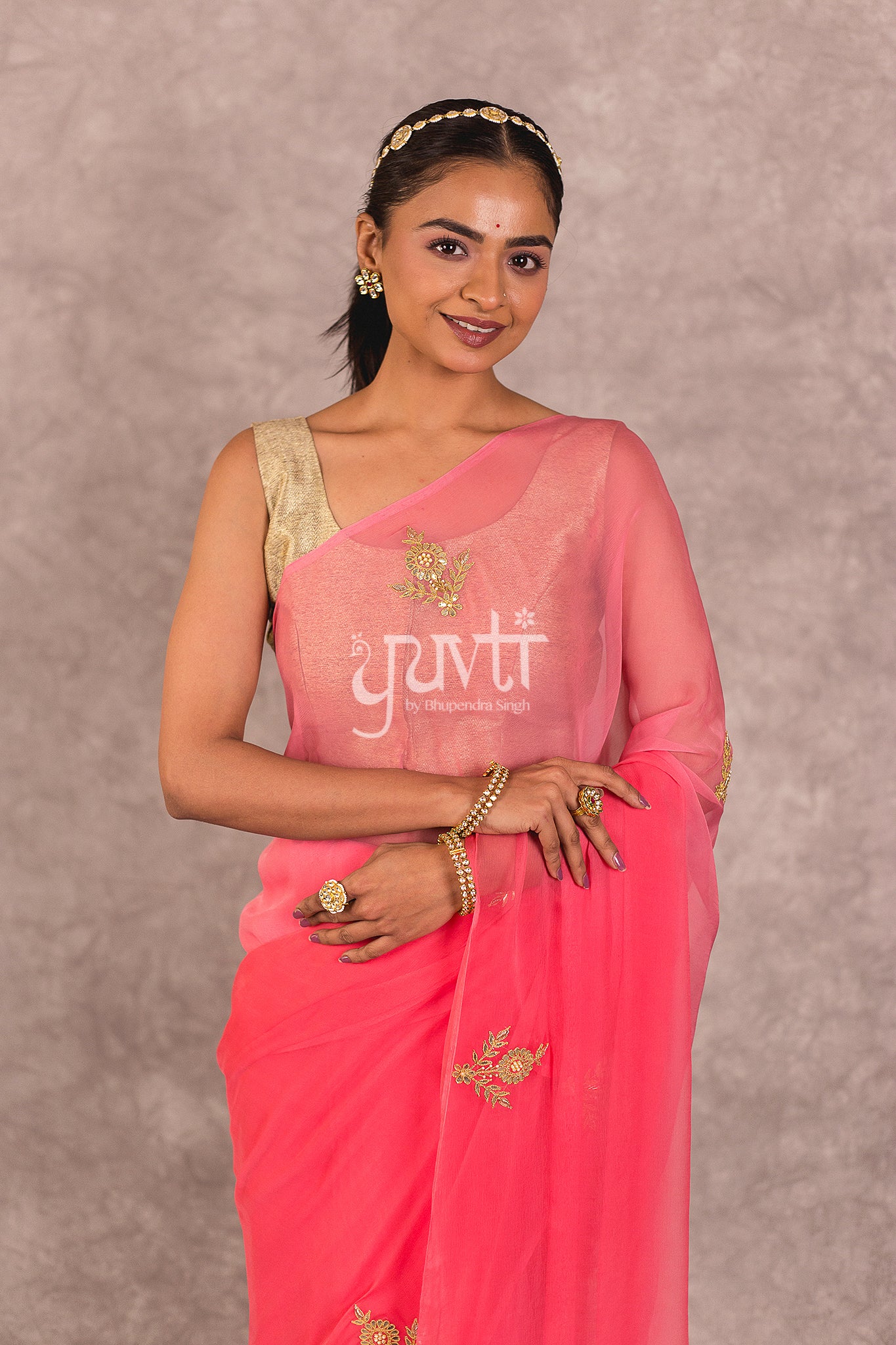 Pink Viscose Chiffon Dori Gotapatti Work Saree