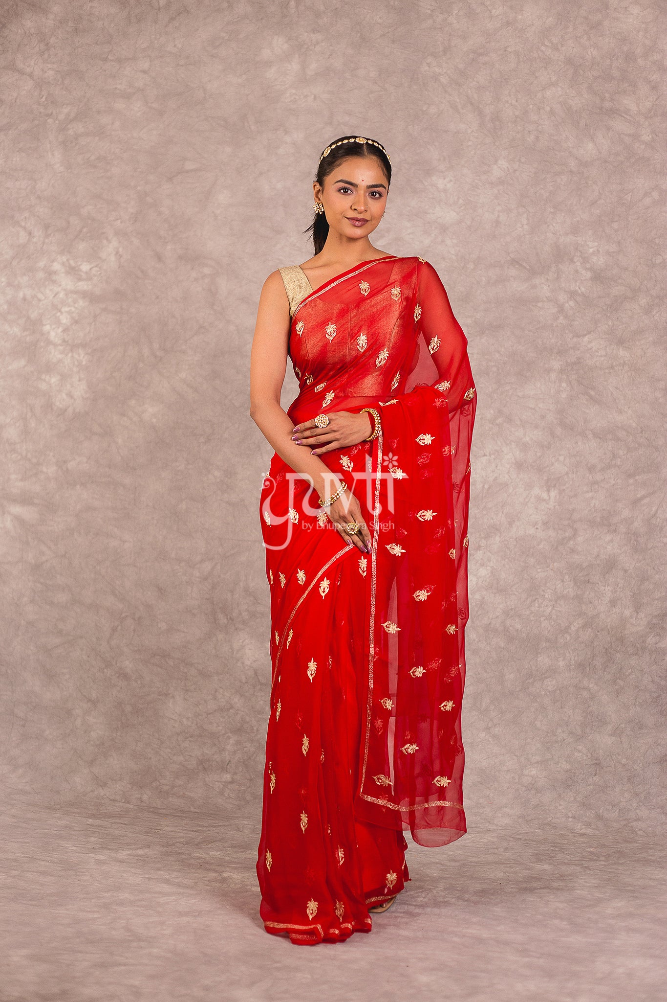 Red Viscose Chiffon Aari Work Saree