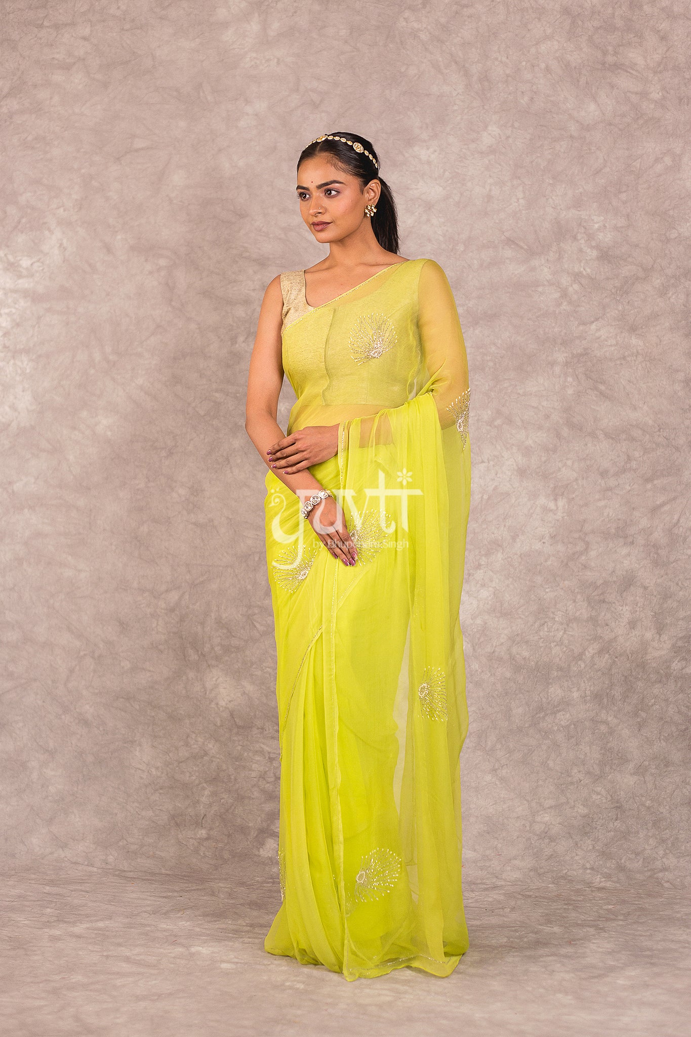 Green Viscose Chiffon Kardhana Moti Work Saree