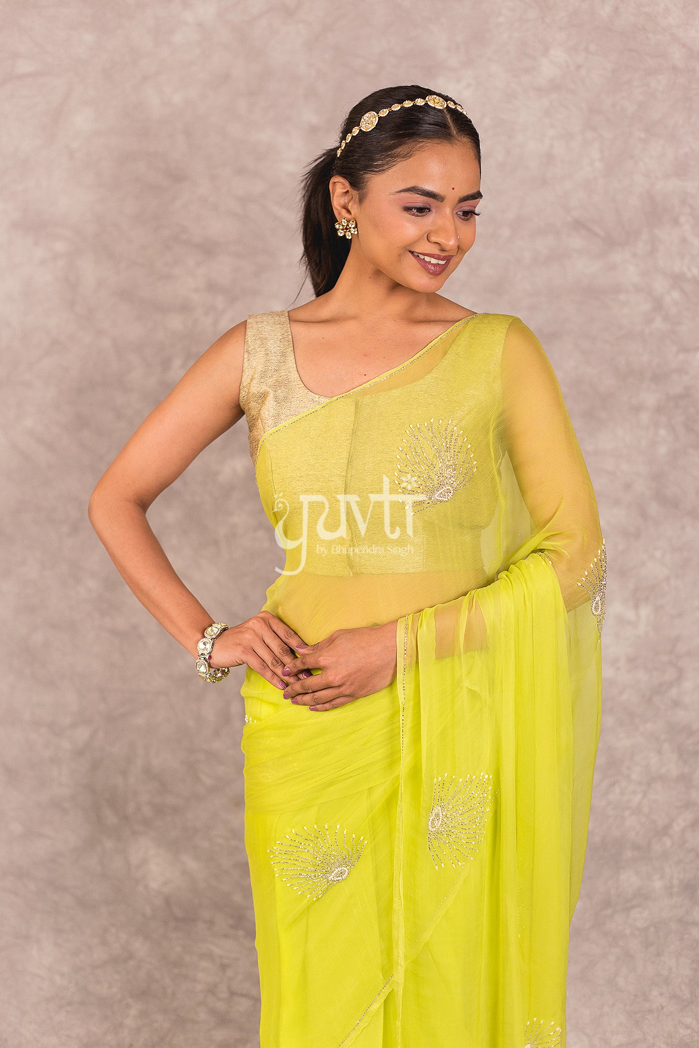 Green Viscose Chiffon Kardhana Moti Work Saree