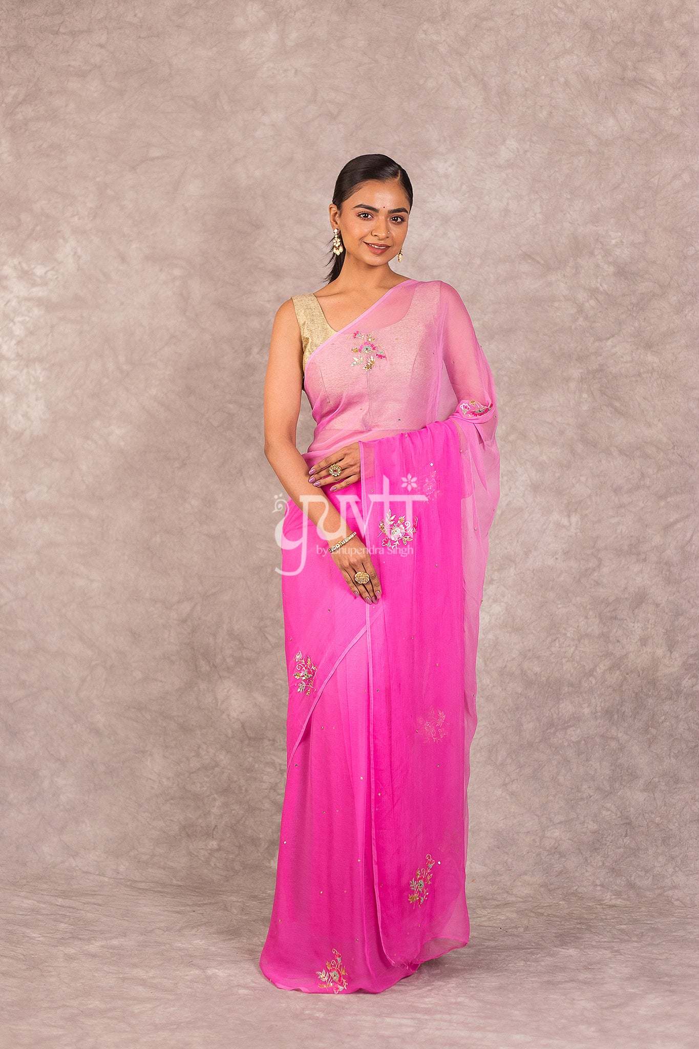 Pink Viscose Chiffon Shaded Aari Sequins Booti Work Saree