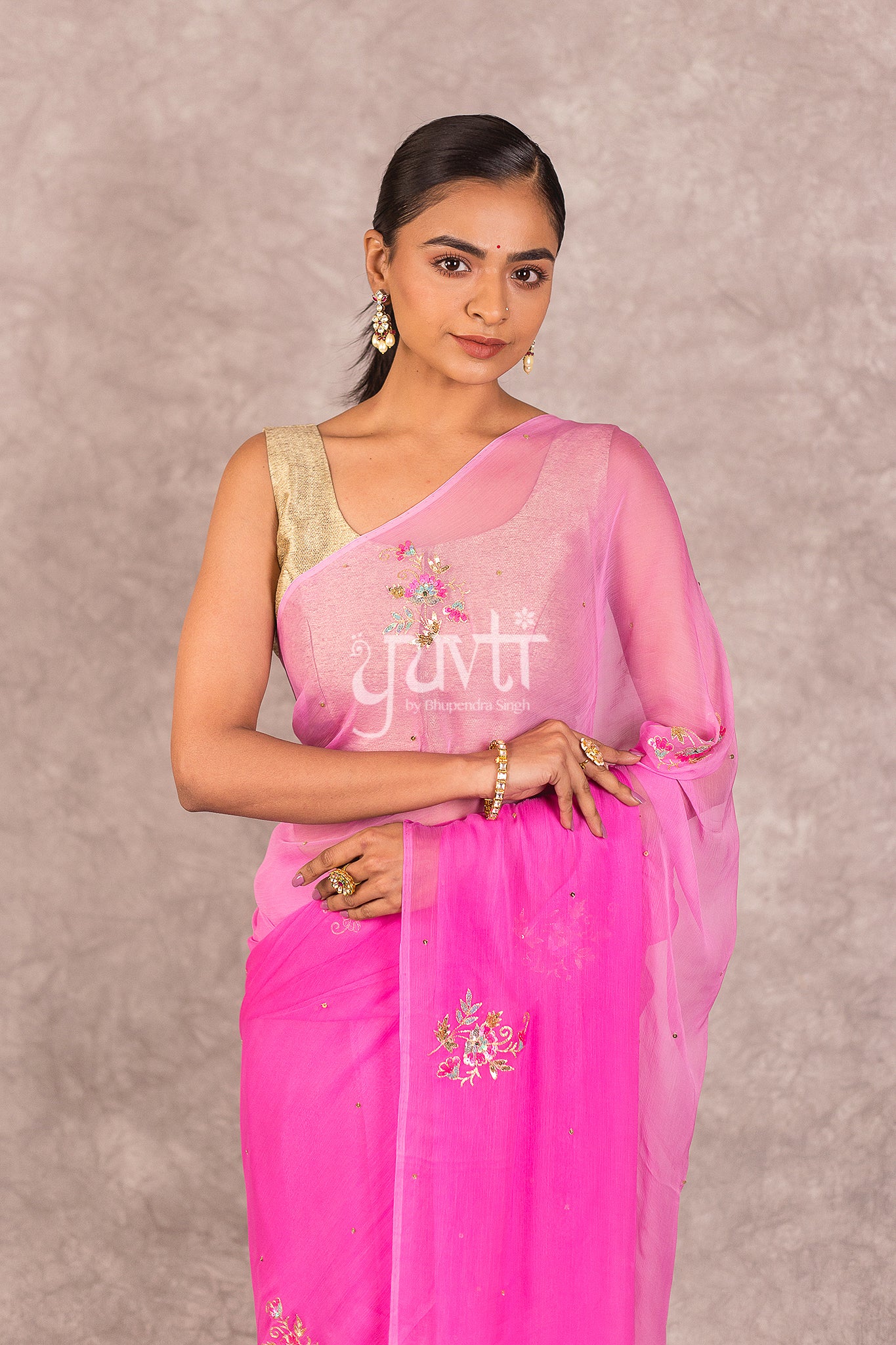 Pink Viscose Chiffon Shaded Aari Sequins Booti Work Saree