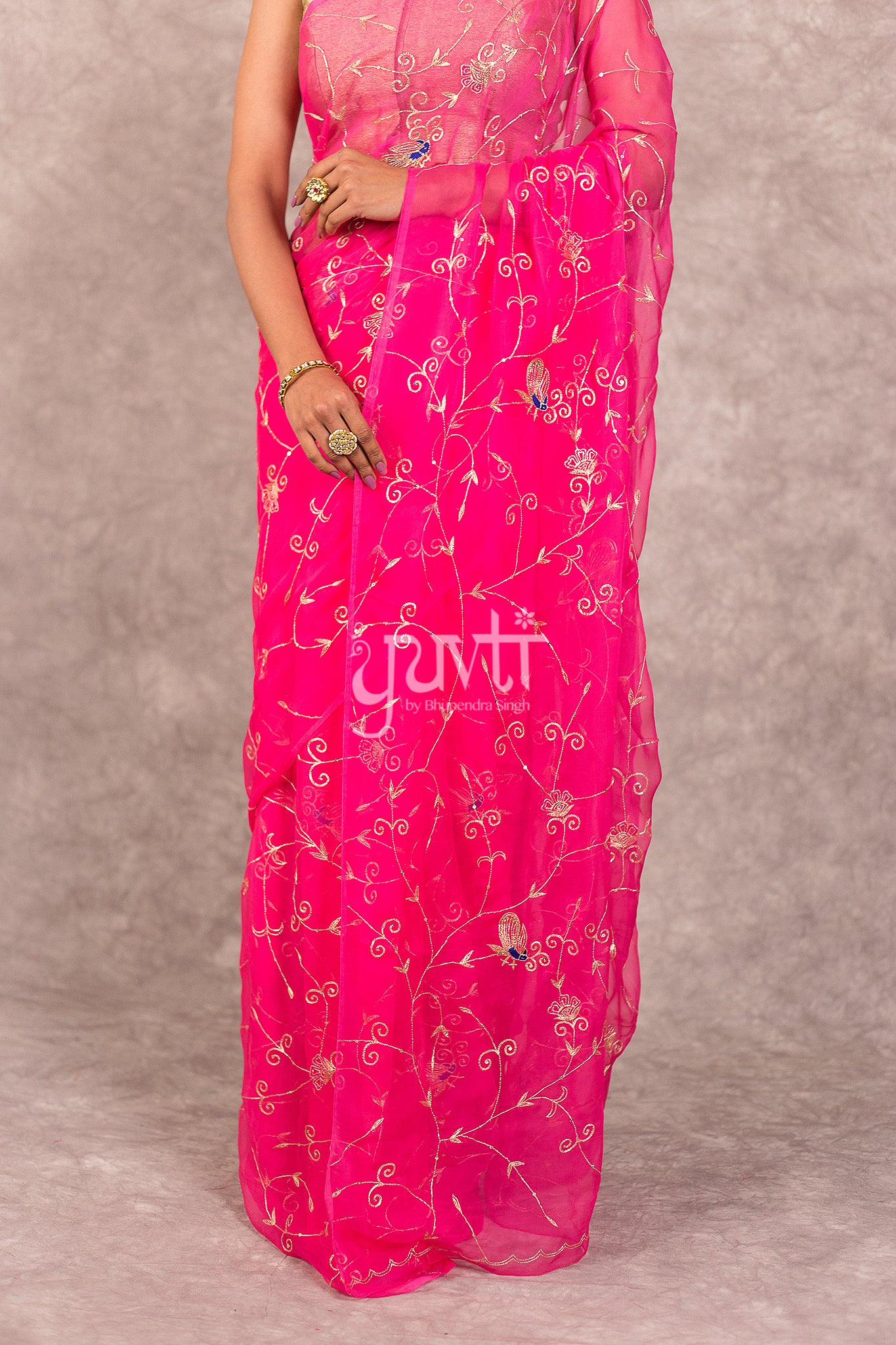Pink Viscose Chiffon Aari Jaal Work Saree