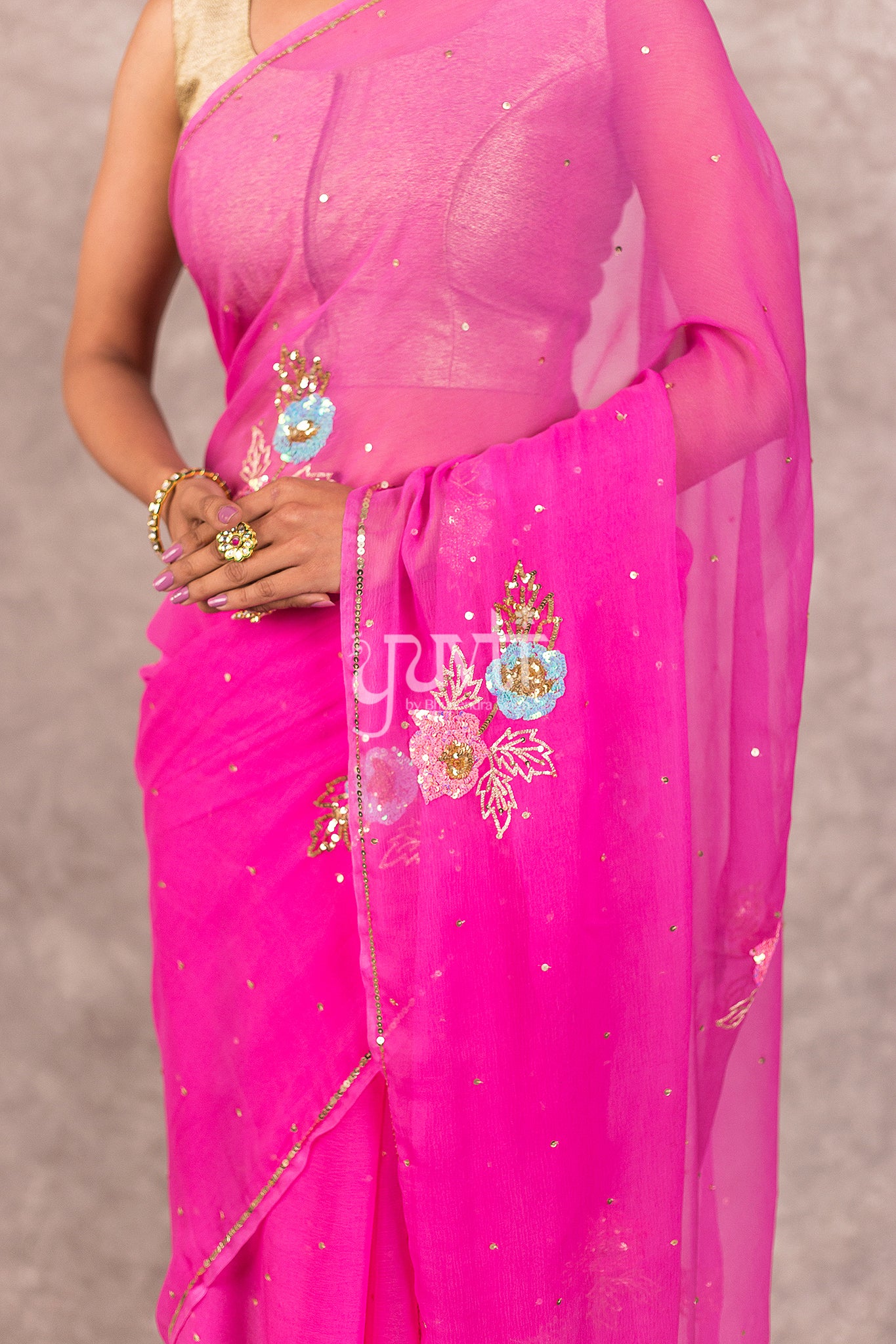 Pink Viscose Chiffon Aari Sequins Booti Work Saree