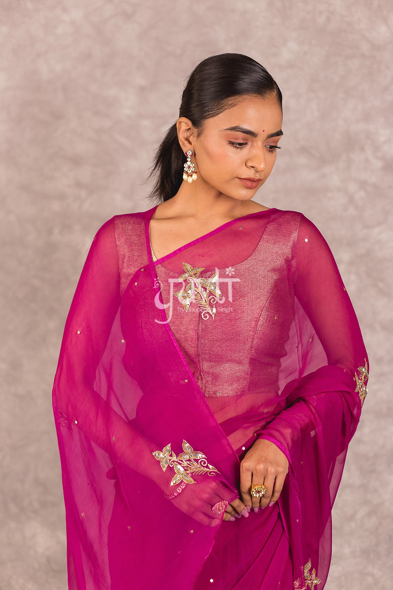 Wine Viscose Chiffon Aari Sequins Booti Work Saree