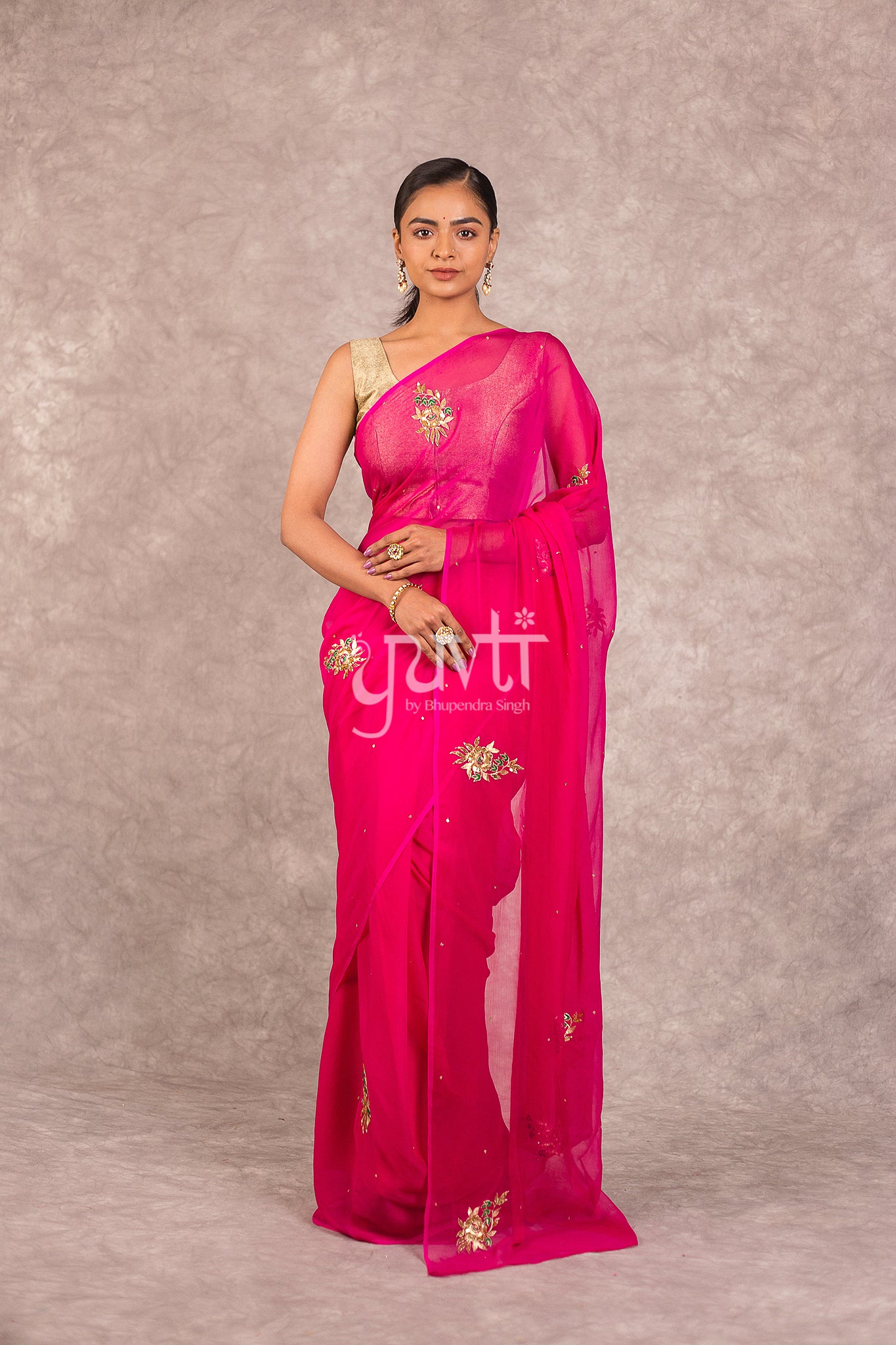 Pink Viscose Chiffon Aari Sequins Booti Work Saree