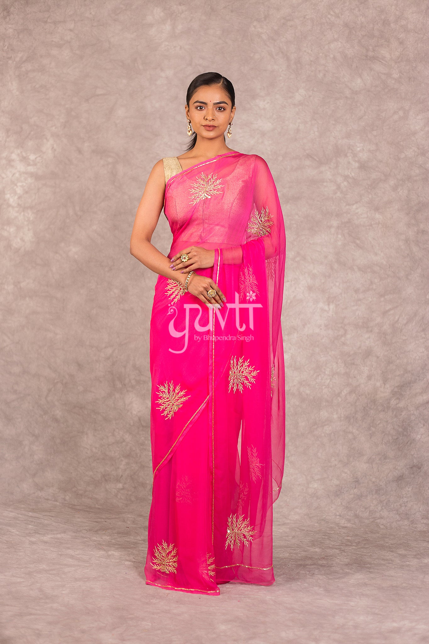 Pink Viscose Chiffon Aari Sequins Work Saree