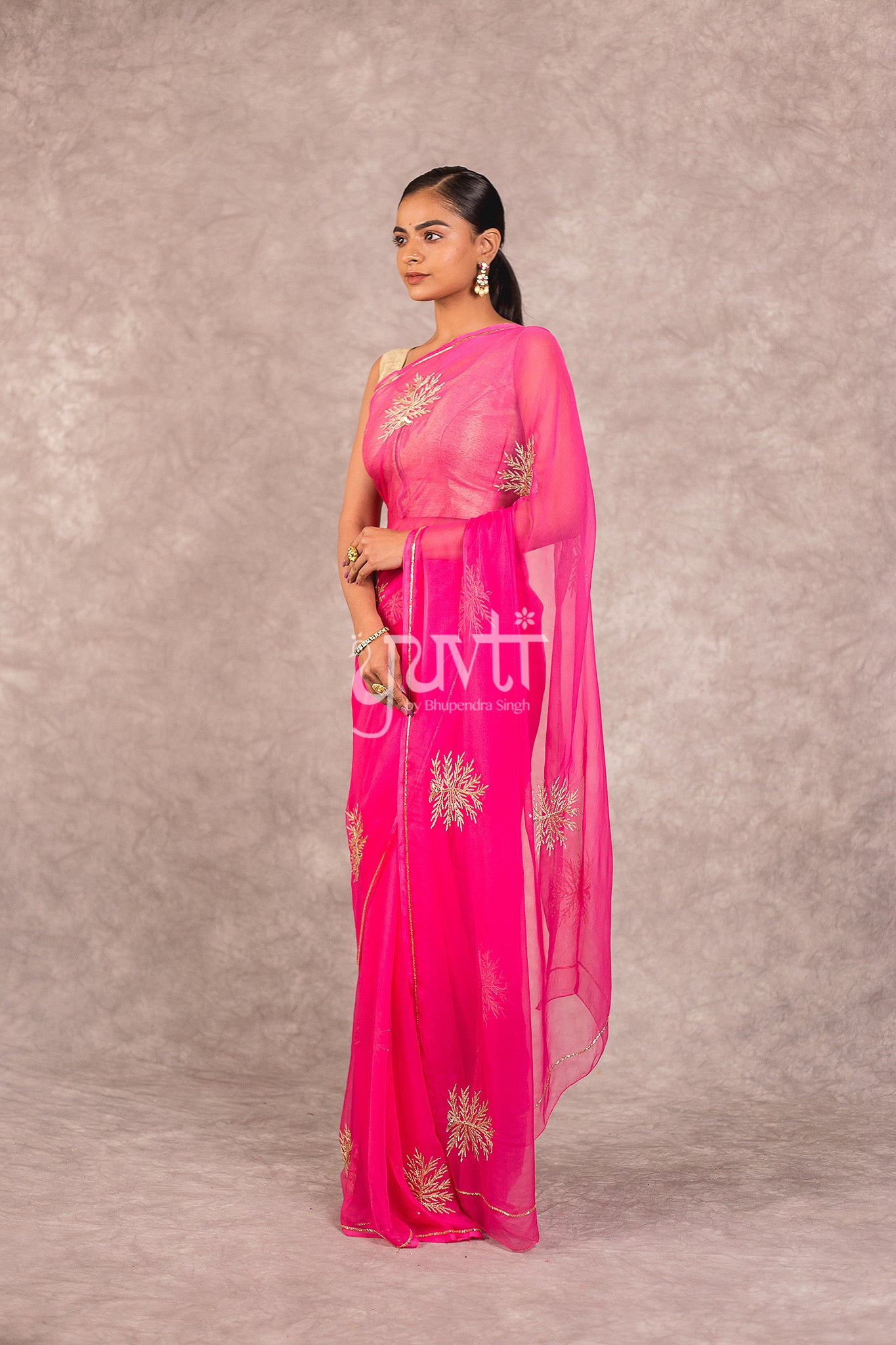 Pink Viscose Chiffon Aari Sequins Work Saree