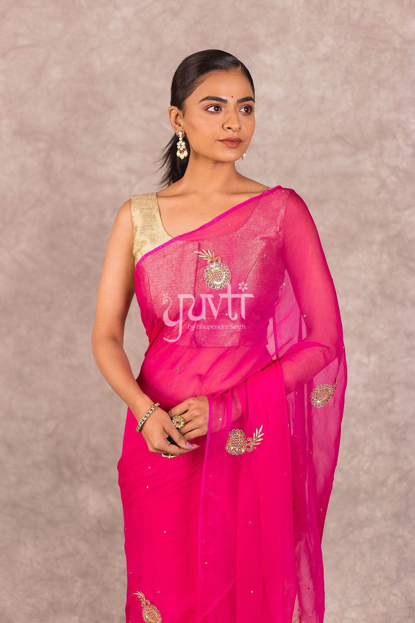 Pink Viscose Chiffon Aari Sequins Booti Work Saree