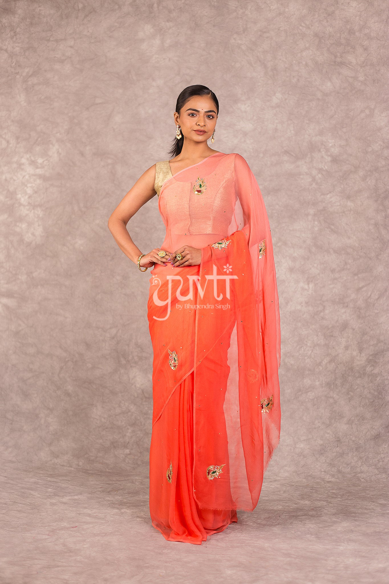 Peach Viscose Chiffon Shaded Aari Sequins Booti Work Saree