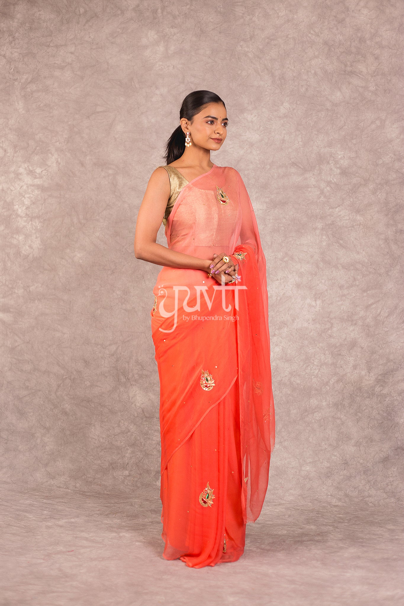 Peach Viscose Chiffon Shaded Aari Sequins Booti Work Saree