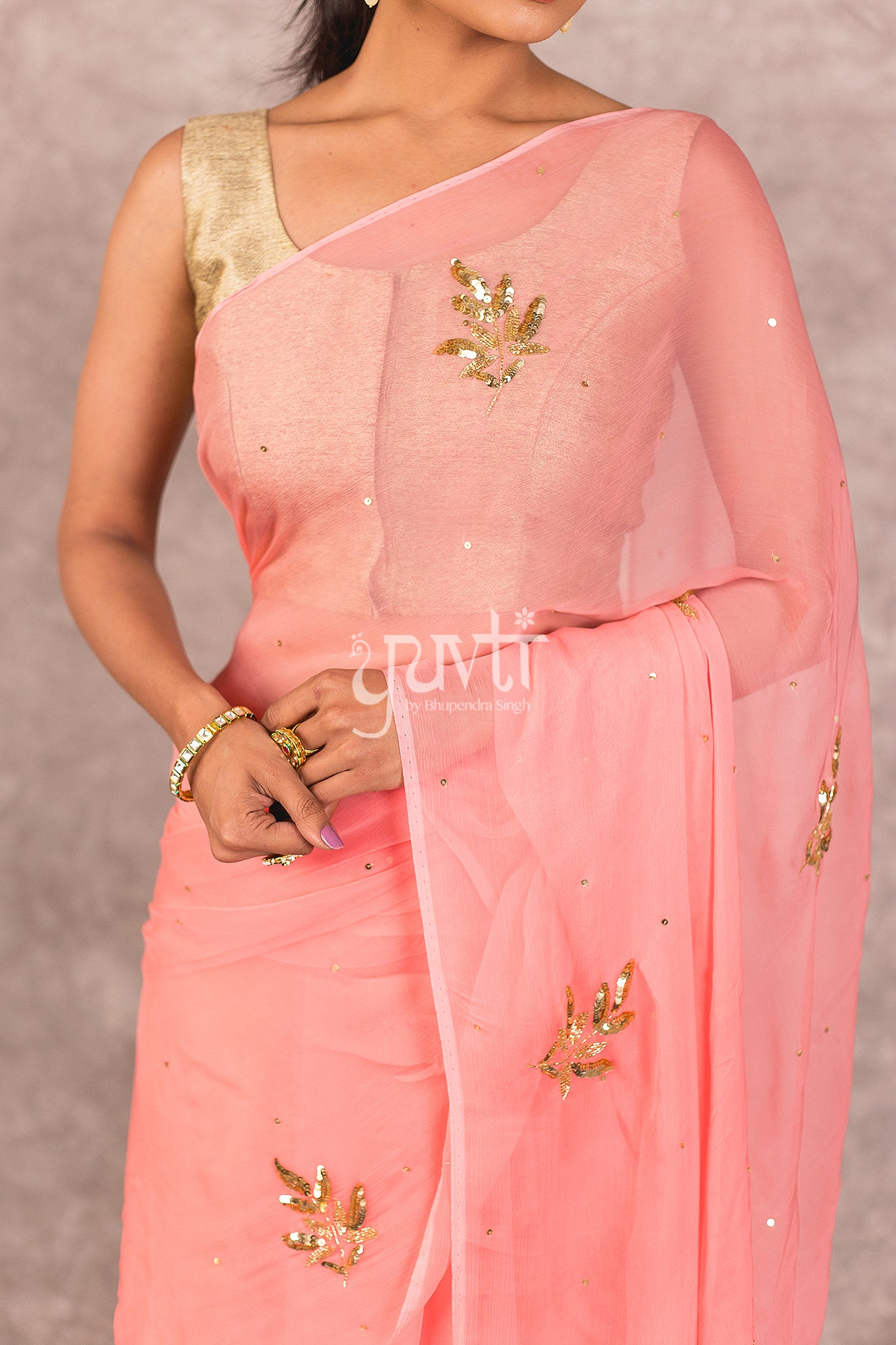 Peach Viscose Chiffon Aari Sequins Booti Work Saree