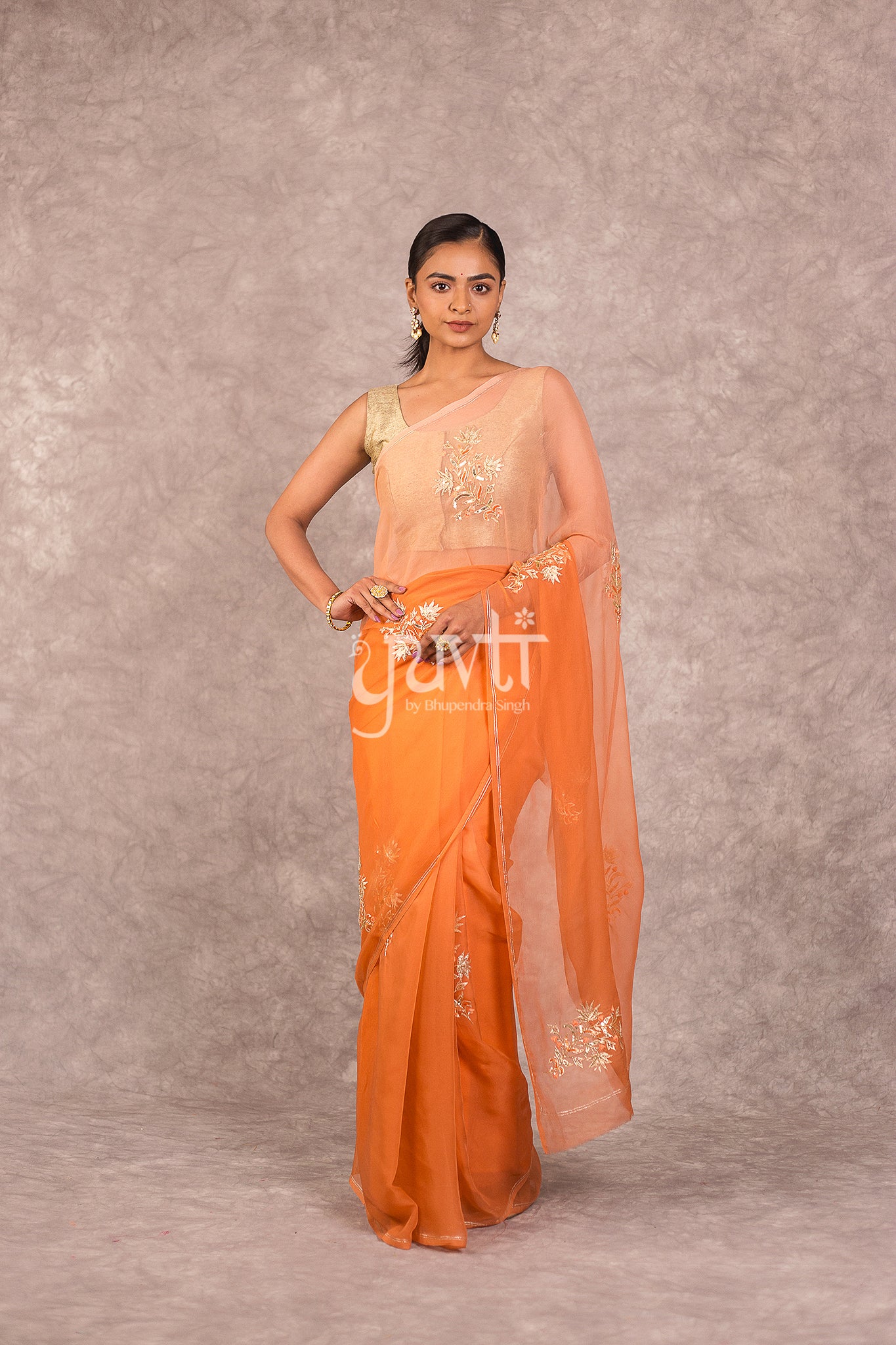 Orange Viscose Chiffon Aari Sequins Booti Work Saree