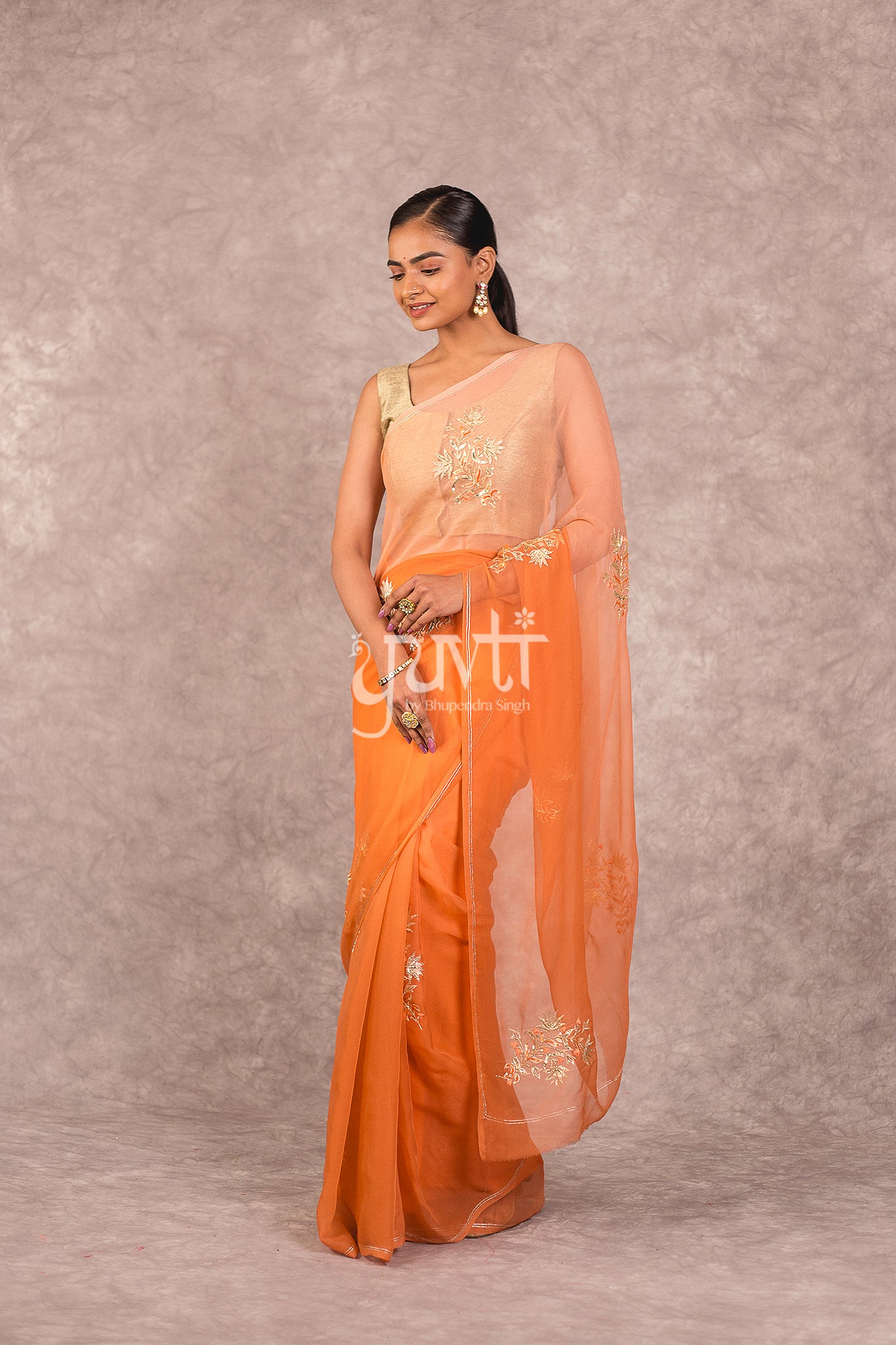 Orange Viscose Chiffon Aari Sequins Booti Work Saree