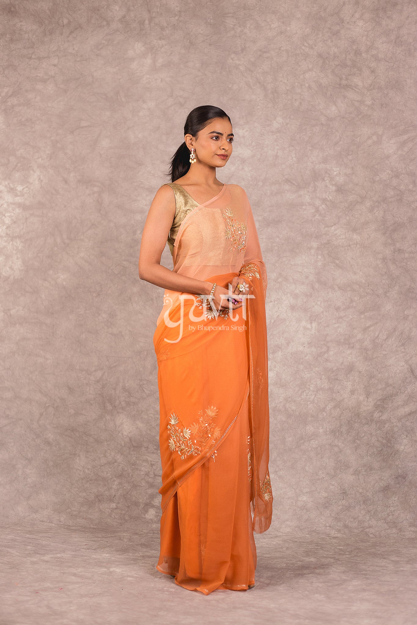 Orange Viscose Chiffon Aari Sequins Booti Work Saree