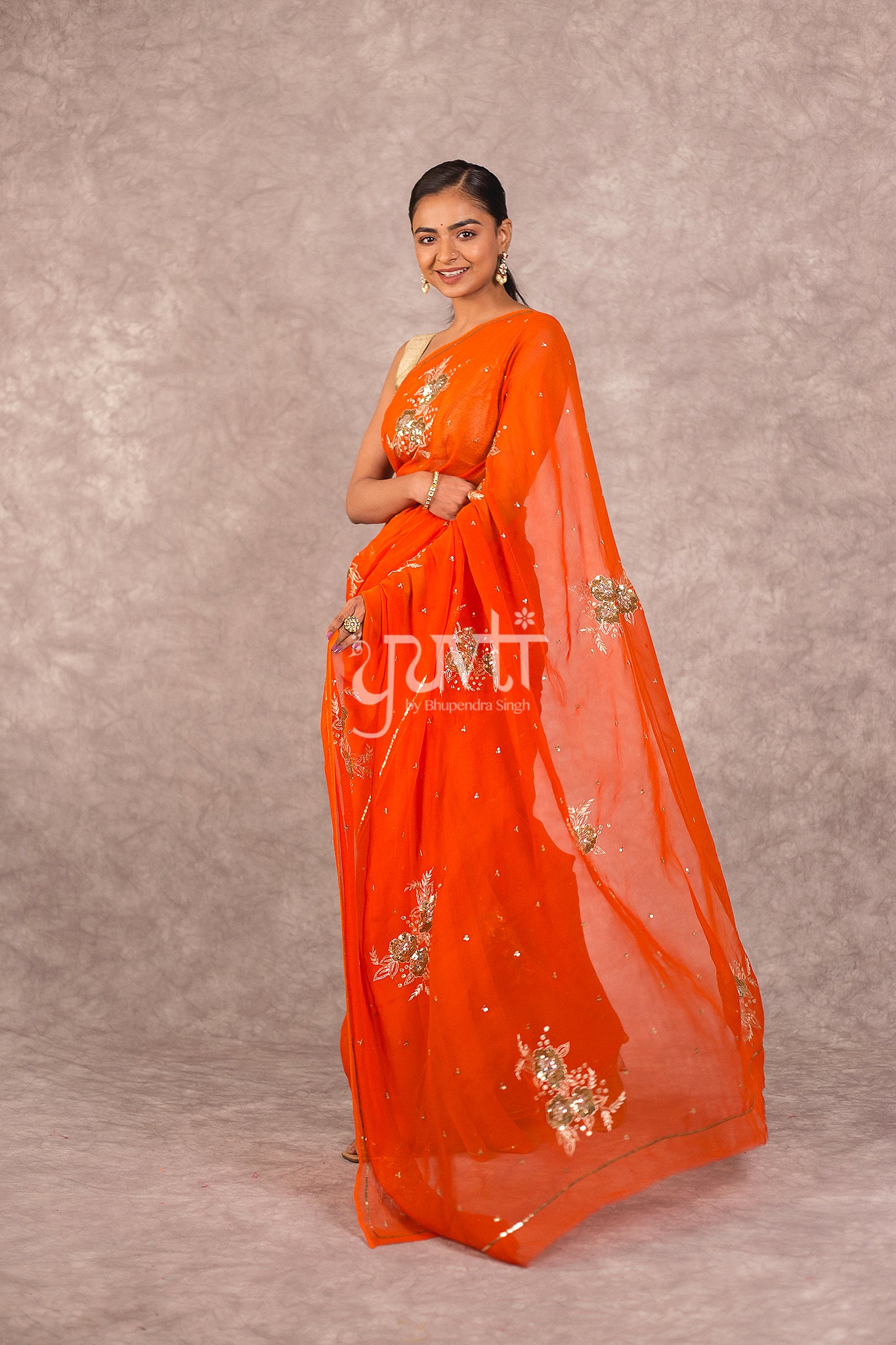 Orange Viscose Chiffon Sequins Work Saree