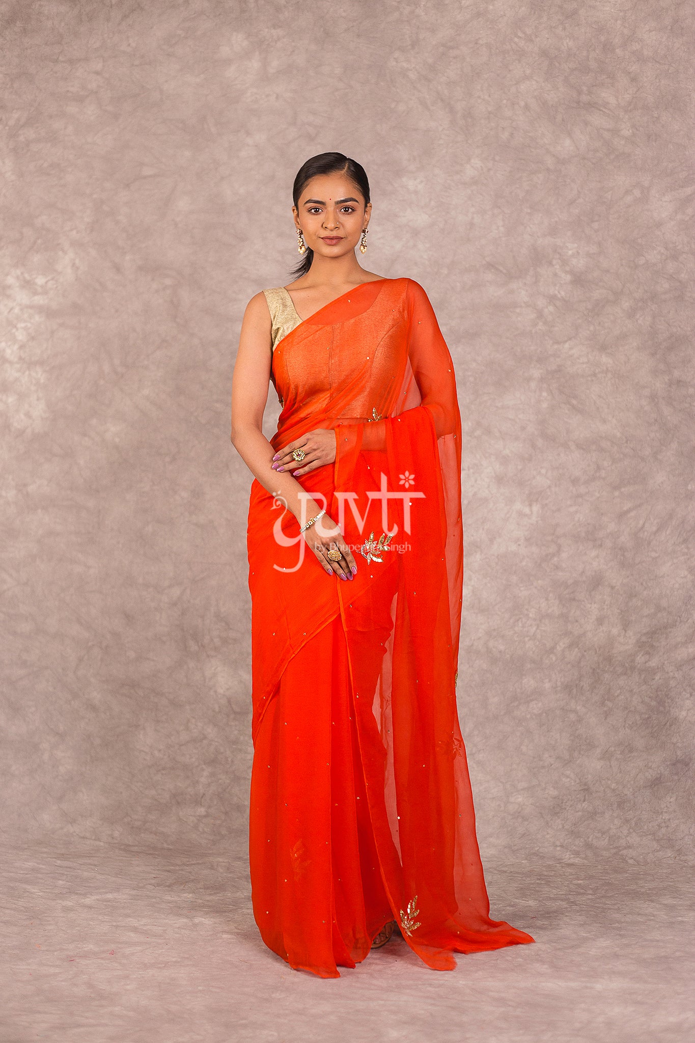 Lady Danger Orange Yellow Dual Shade Chiffon Saree with Lace and Self-Blouse Fabric