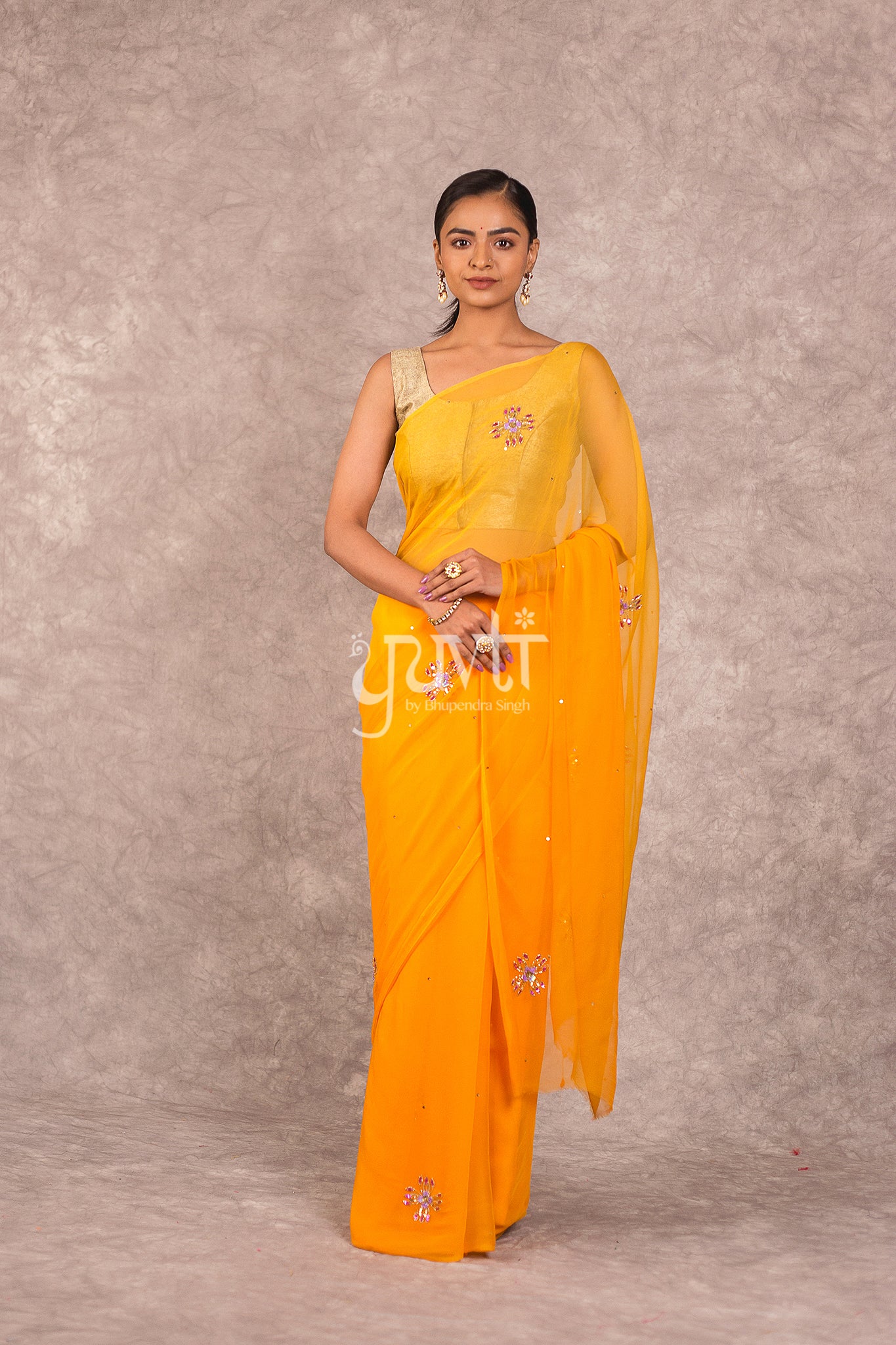Yellow Viscose Chiffon Kardhana Sequins Work Saree