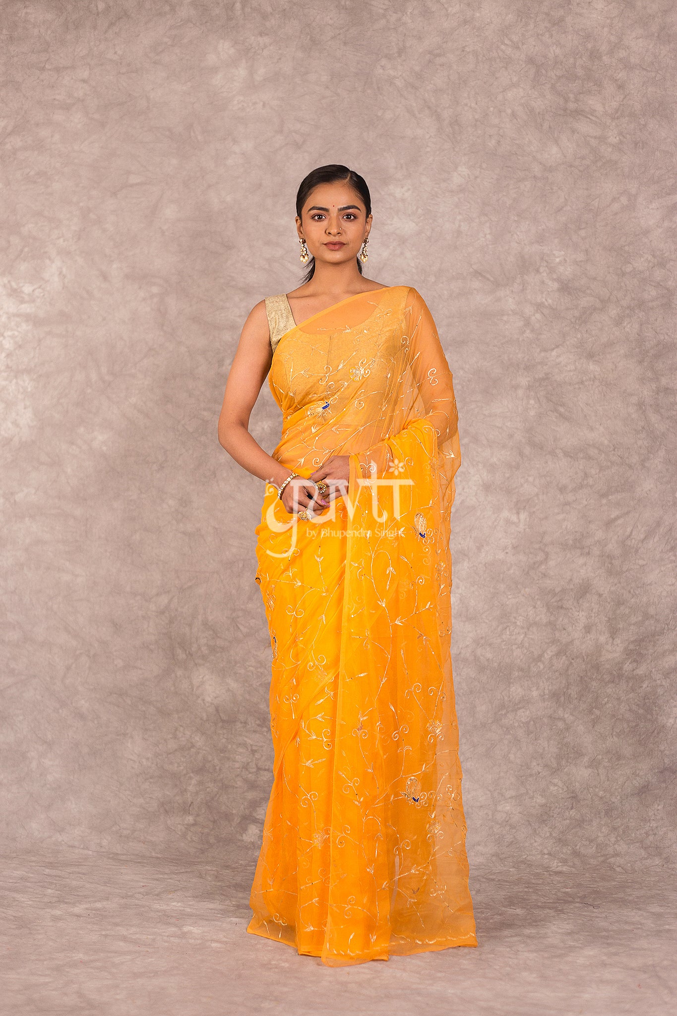 Yellow Viscose Chiffon Aari Sequins Resham Work Saree
