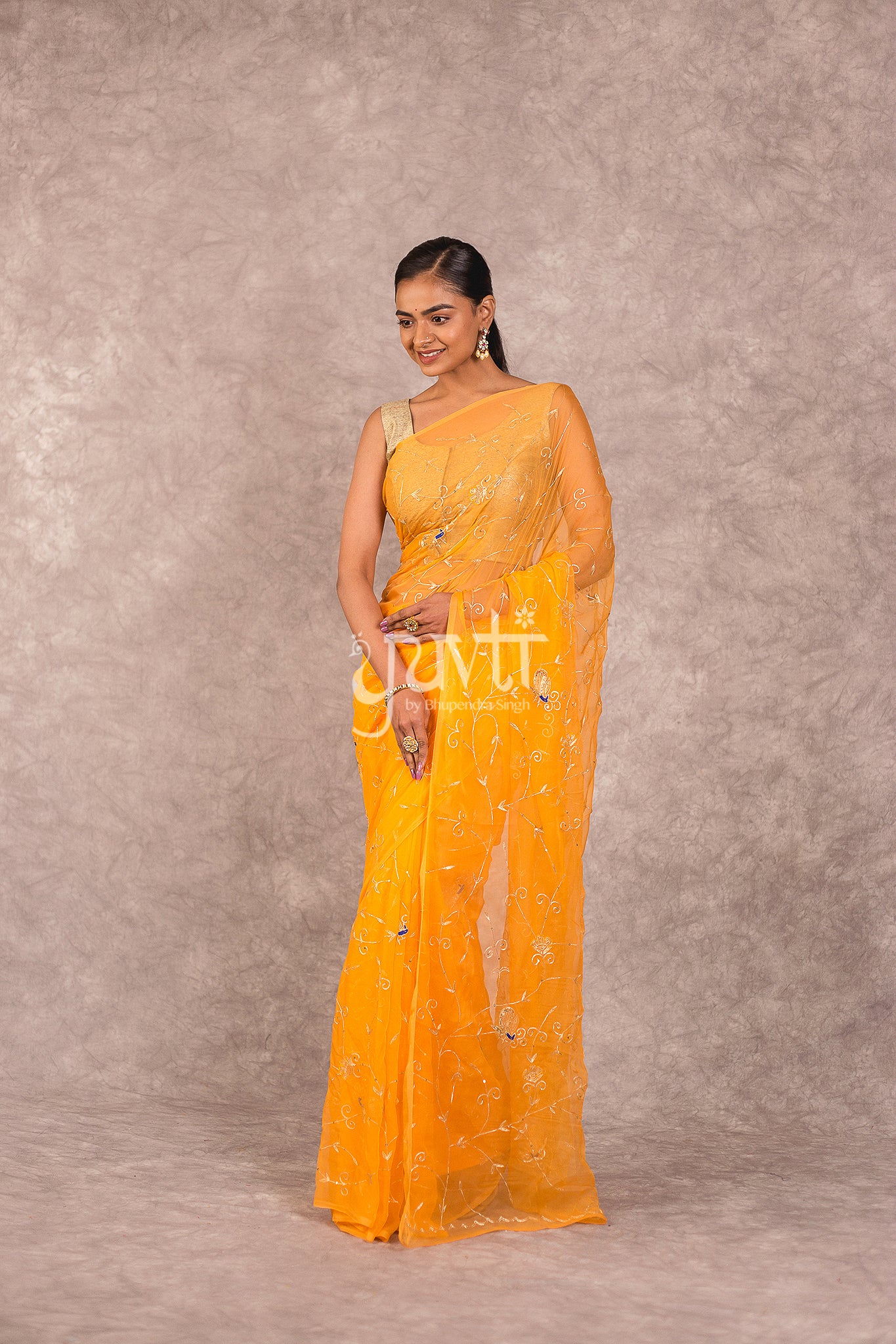 Yellow Viscose Chiffon Aari Sequins Resham Work Saree