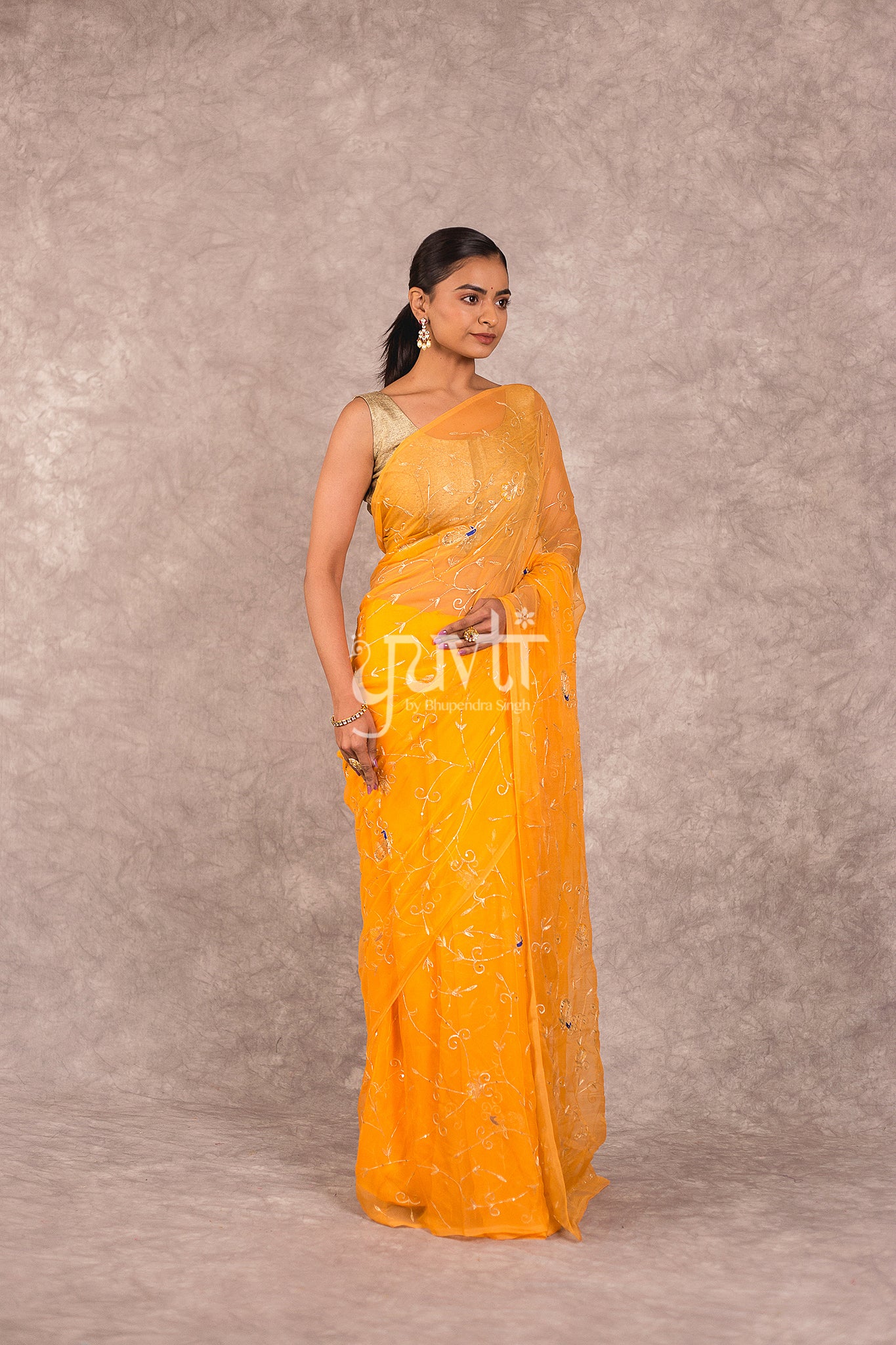 Yellow Viscose Chiffon Aari Sequins Resham Work Saree