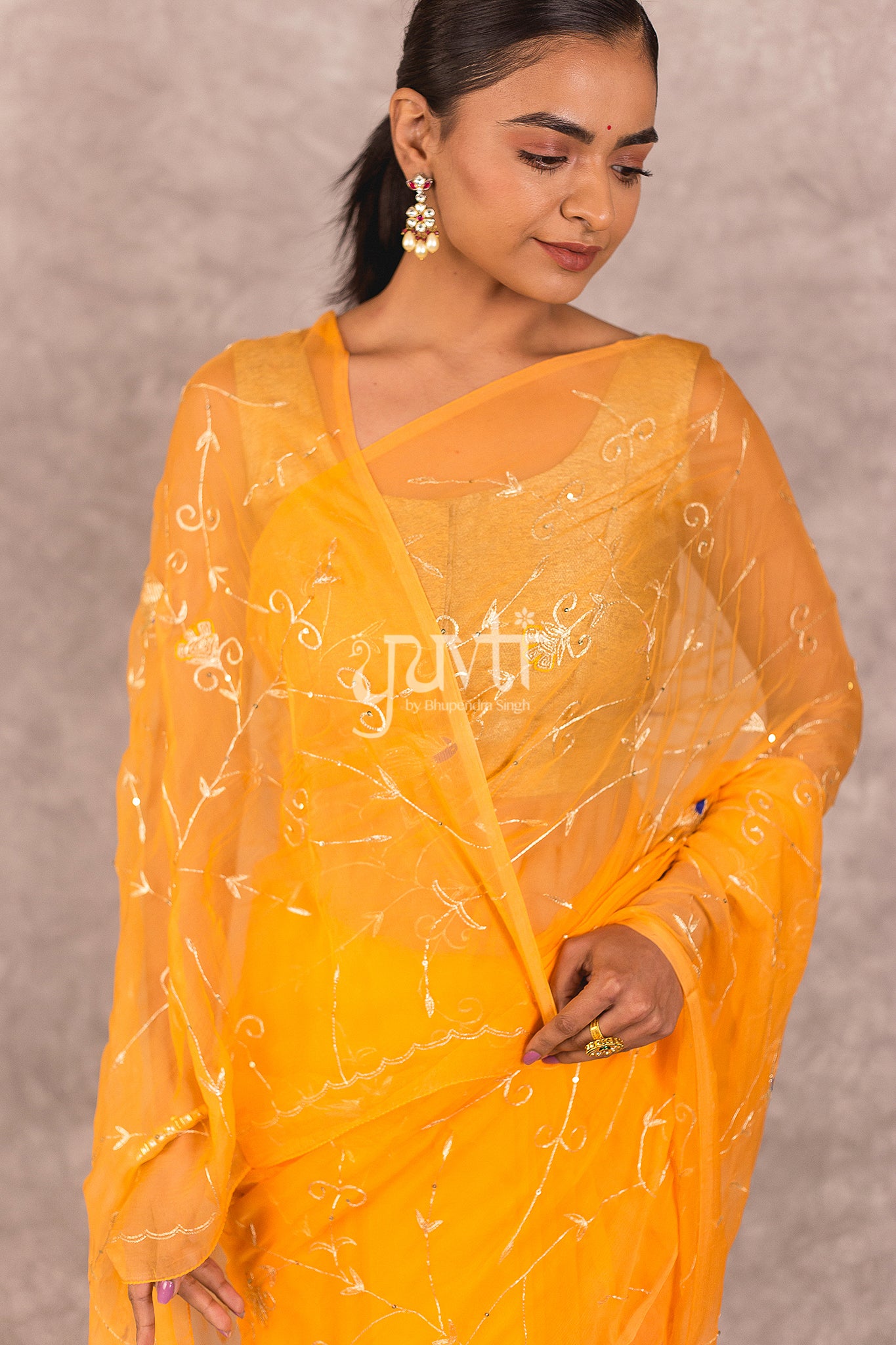Yellow Viscose Chiffon Aari Sequins Resham Work Saree