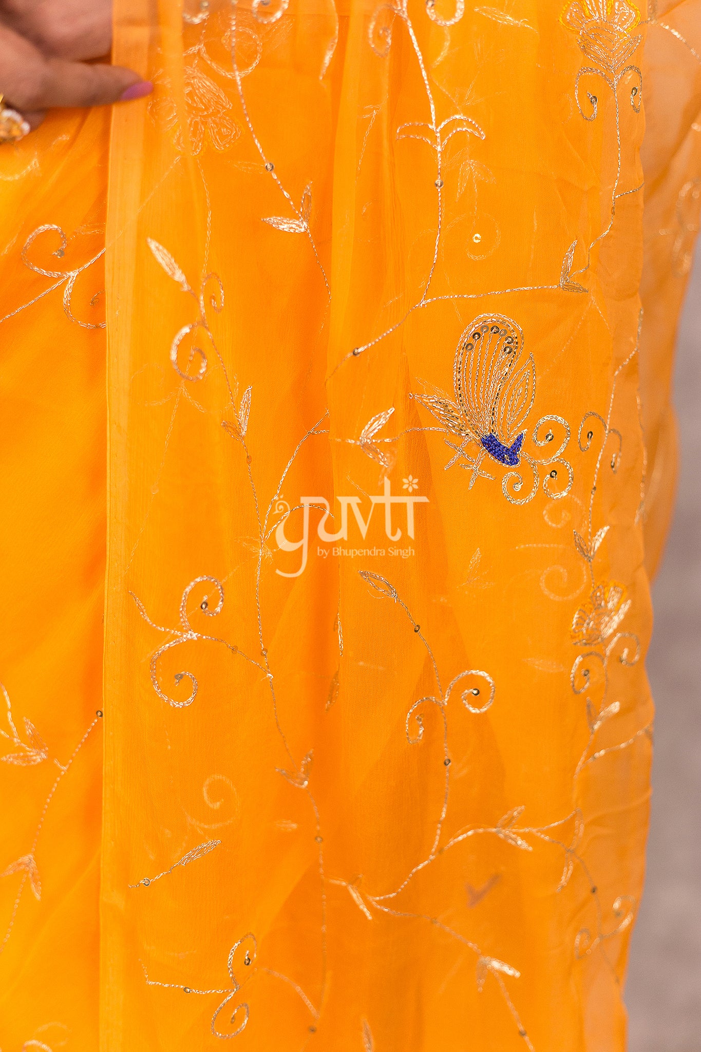Yellow Viscose Chiffon Aari Sequins Resham Work Saree