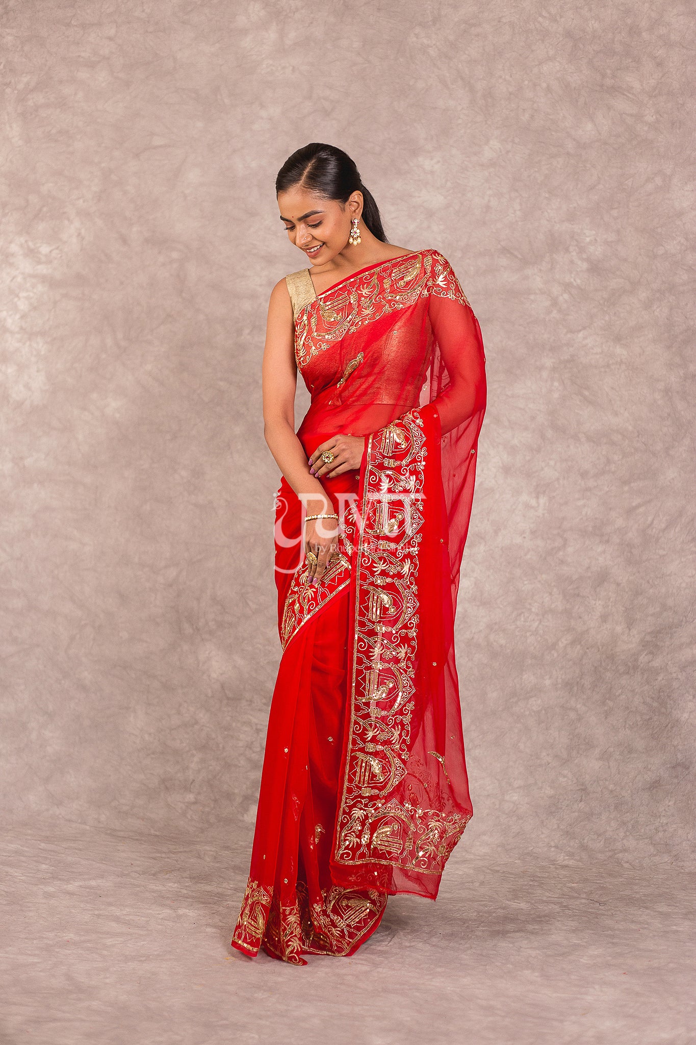 Red Chiffon Aari Sequins Work Saree