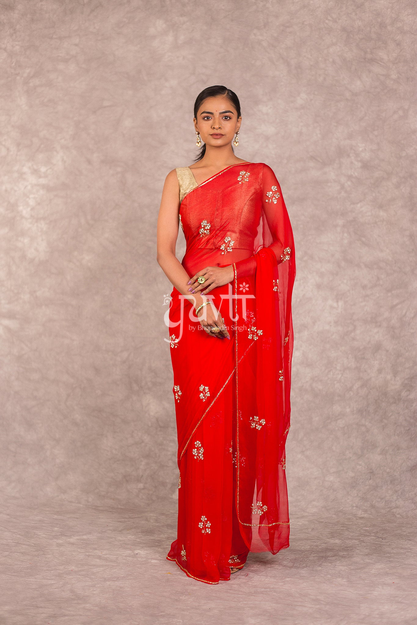 Red Viscose Chiffon Kardhana Sequins Saree