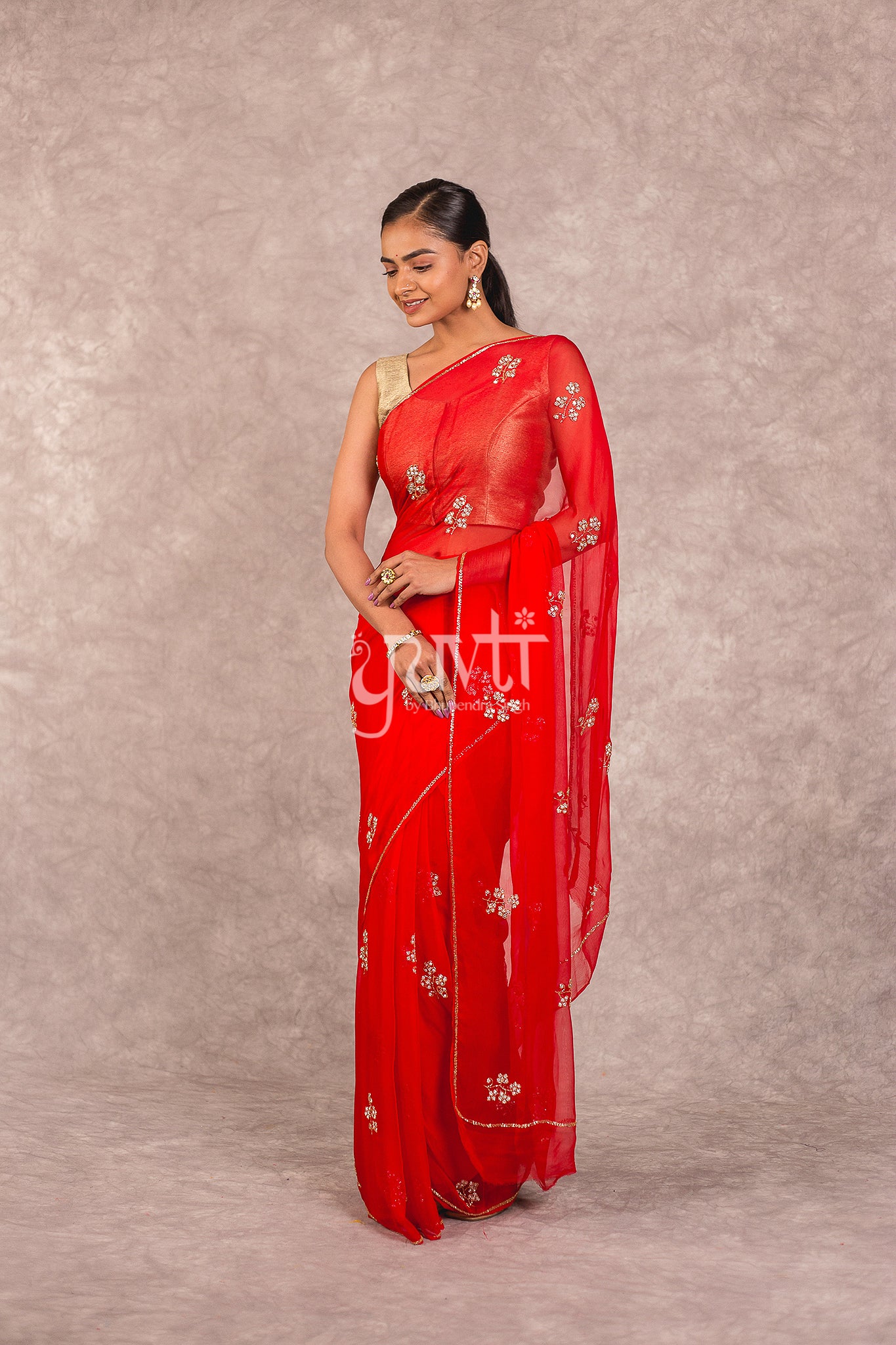 Red Viscose Chiffon Kardhana Sequins Saree