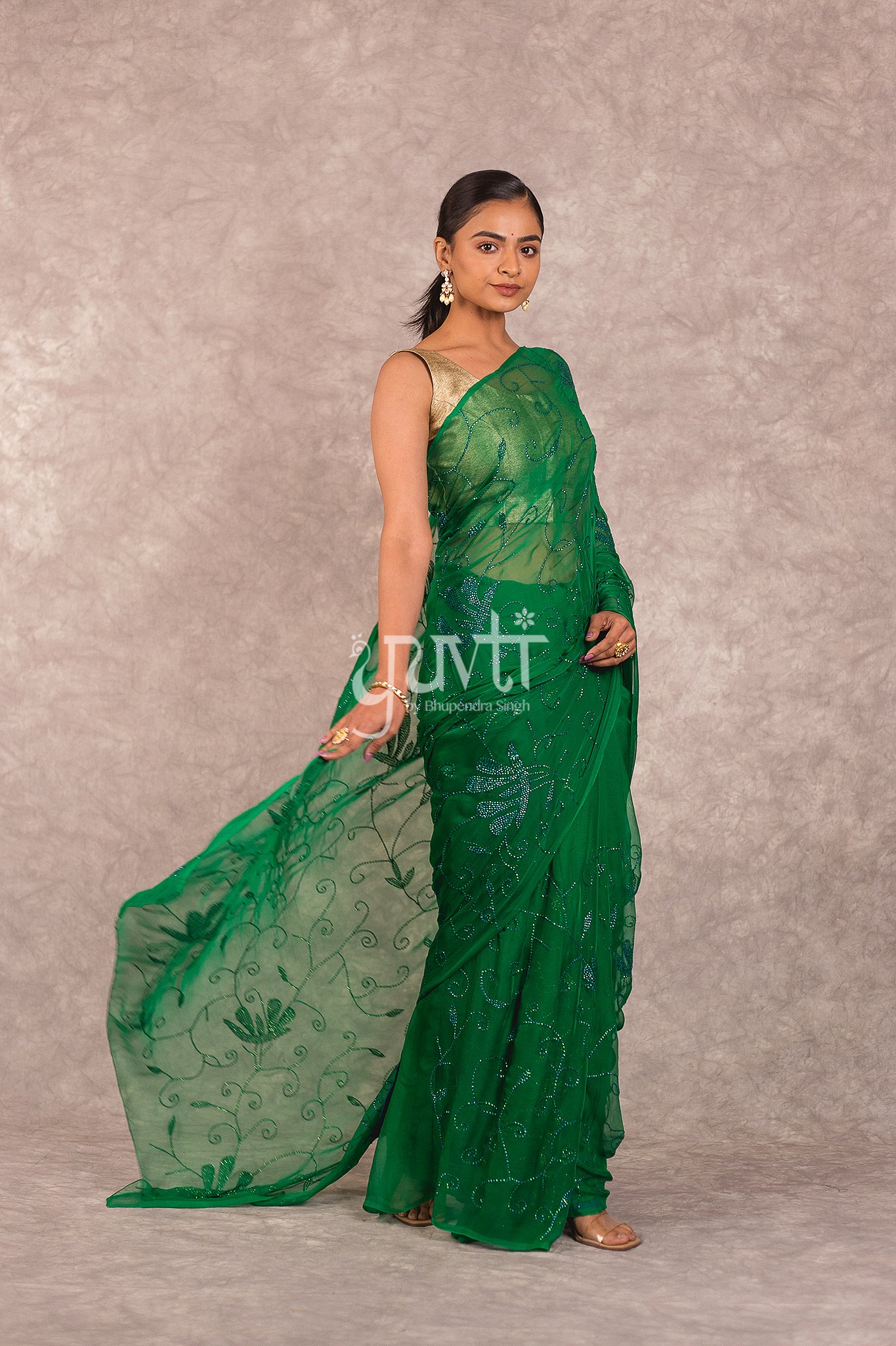 Green Viscose Chiffon Katori Taari Work Saree